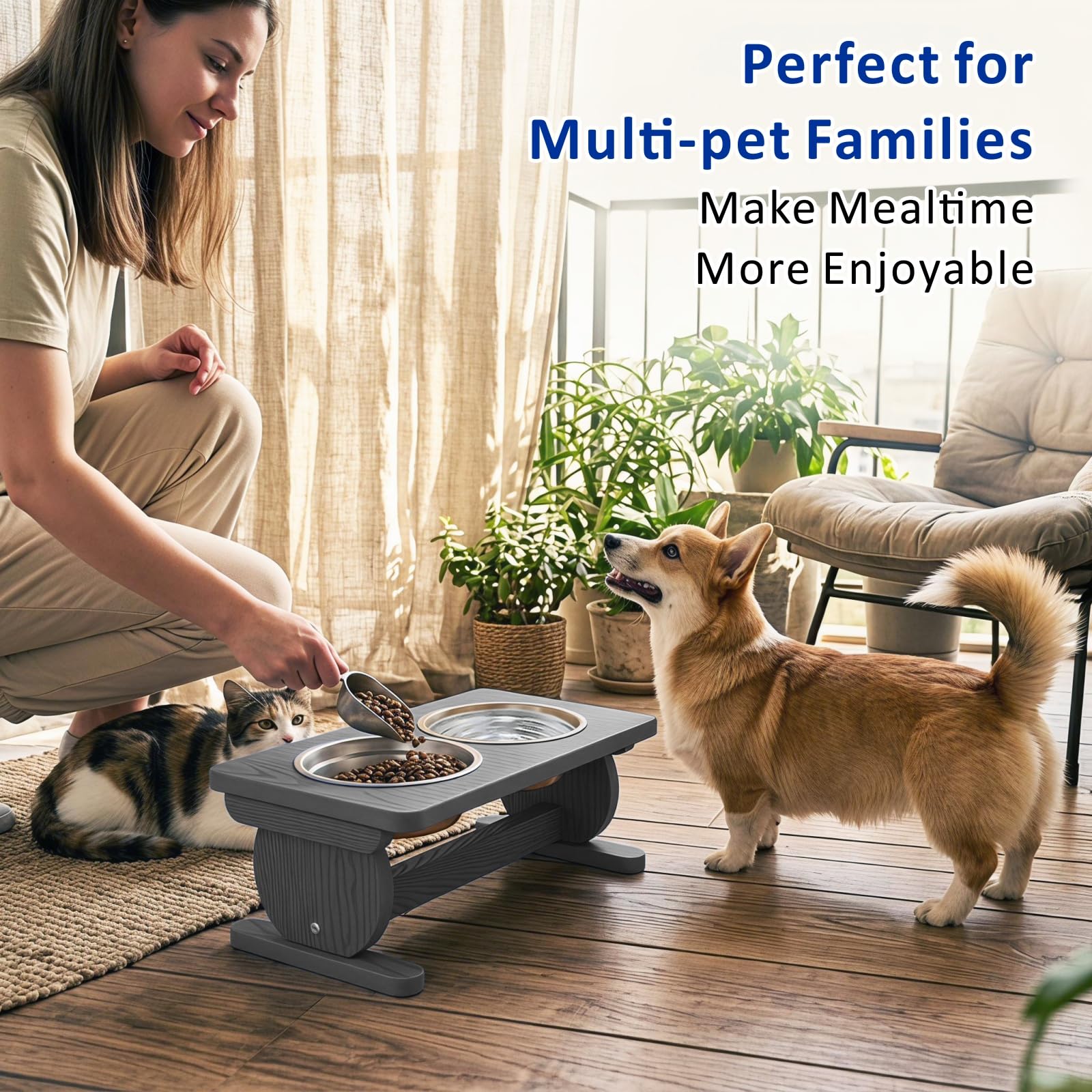 Support surélevé pour gamelle pour chien de petite taille, station d'alimentation avec 2 bols en acier inoxydable de 620 ml et assiette à lécher, bol de nourriture pour chien, gris