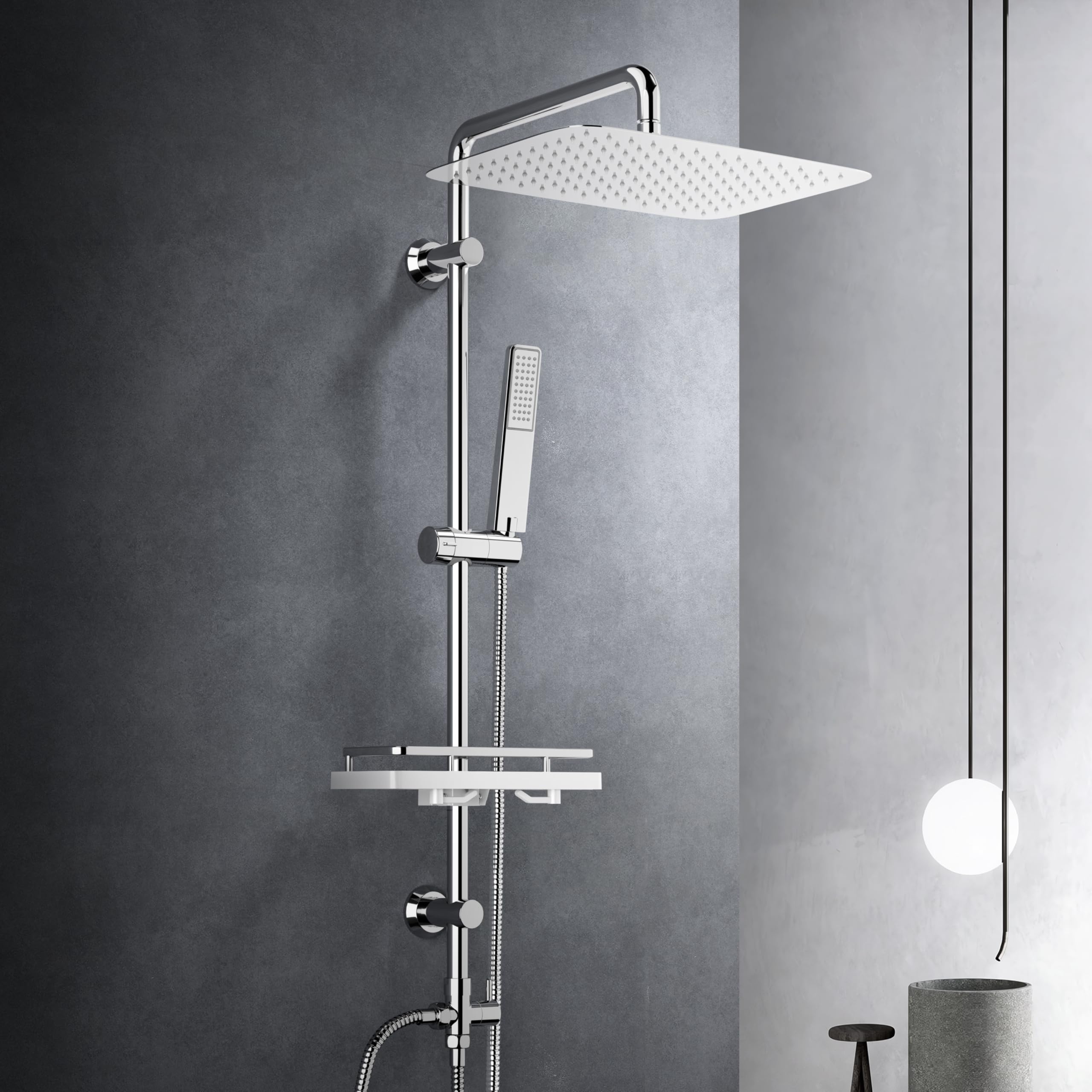 Görbach Stainless Steel Shower Column with Hydromassage, Rain Shower, Shelf and Adjustable Wall Holes, 35 x 25 cm