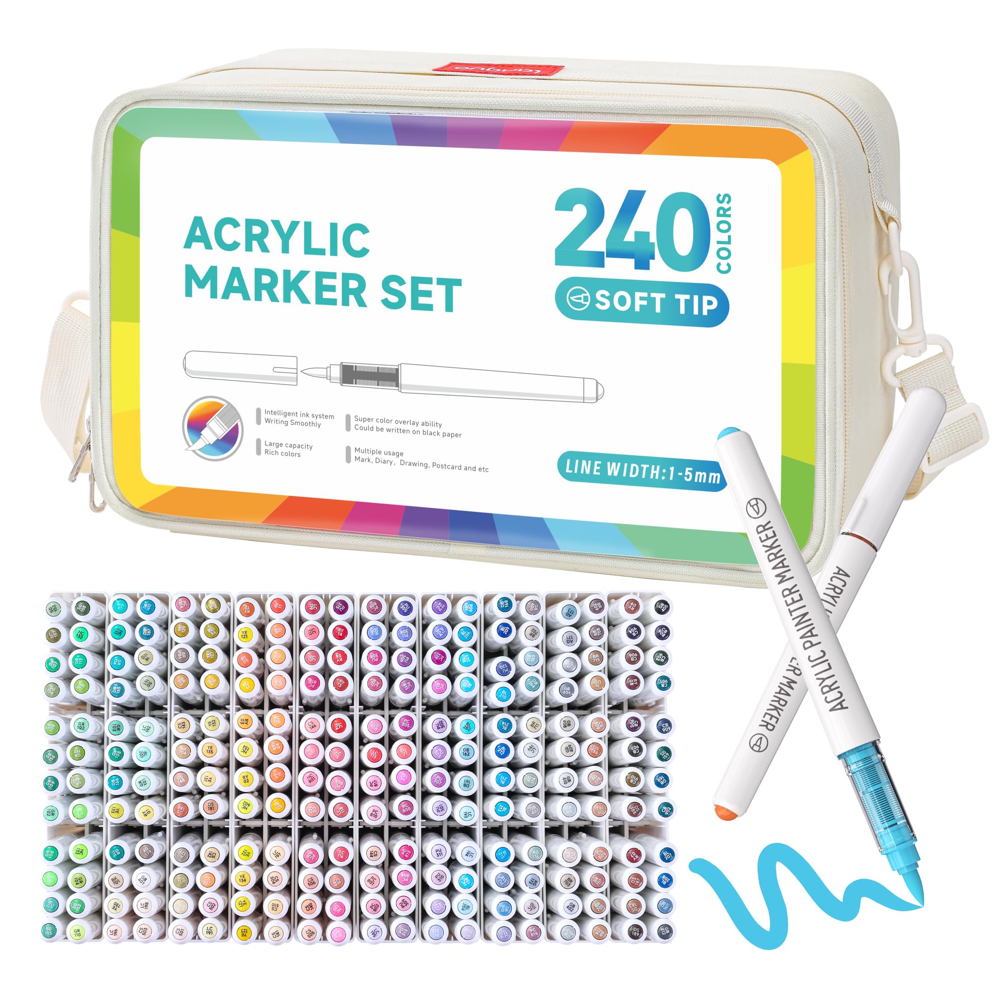Qimiart 240 Colours Acrylic Paint Markers with Carrying Bag, Brush Tip