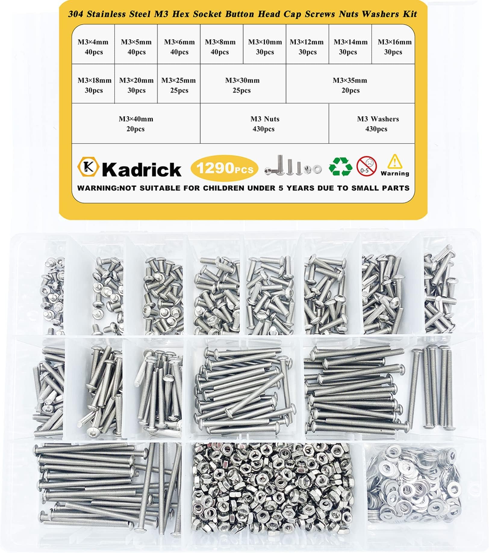 Kadrick 1290 Pcs M3 Metric Screw Aassortment,4mm-40mm Full Size 304 Stainless Steel Hex Socket Button Head Cap Bolts Nuts Washers Kit with Hex Wrench