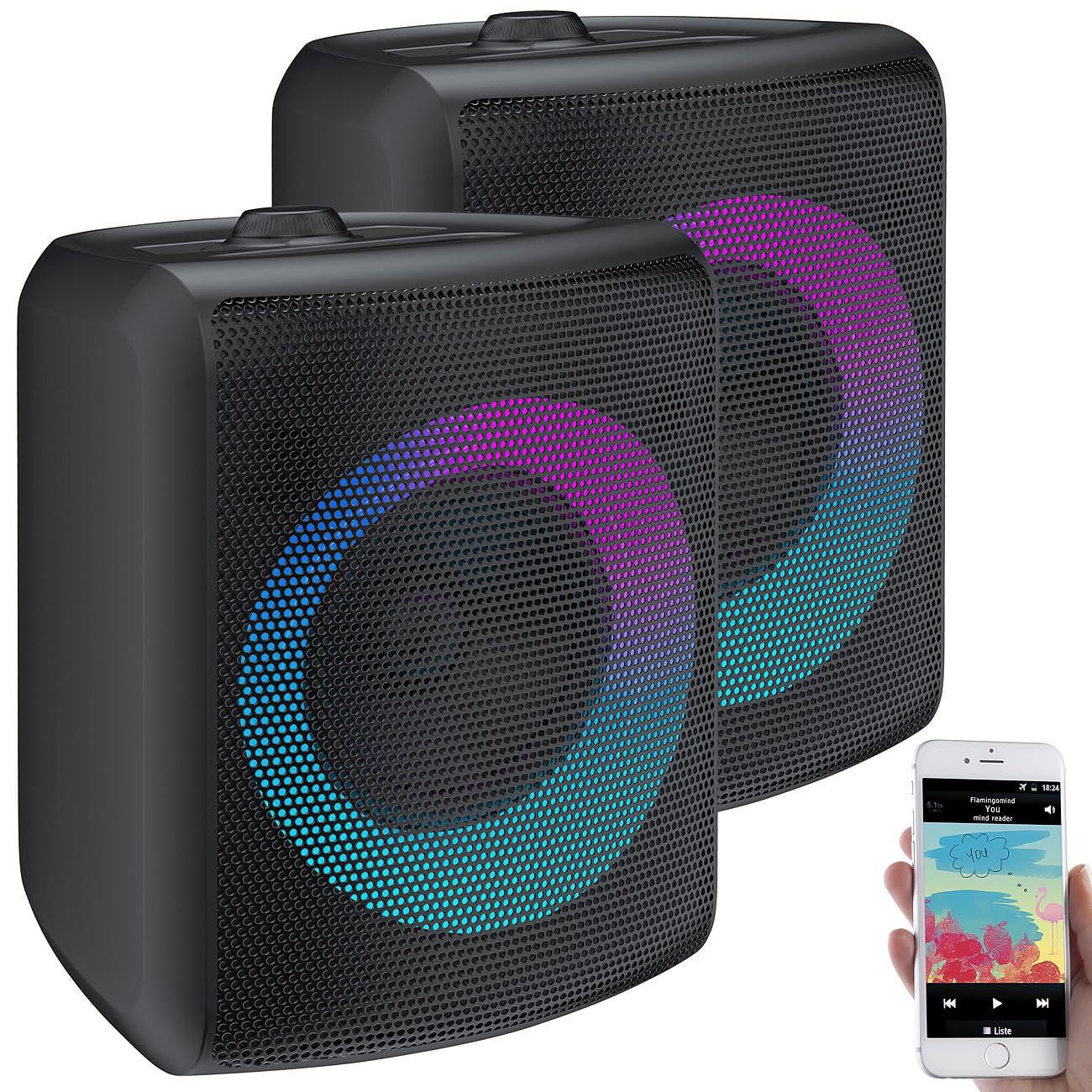 auvisio Boxen, Bluetooth: 2er-Set Outdoor-PA-Partyanlagen & -Bluetooth-Boomboxen, Lichteffekte (PA Anlage, Party-Lautsprecher, DJ)