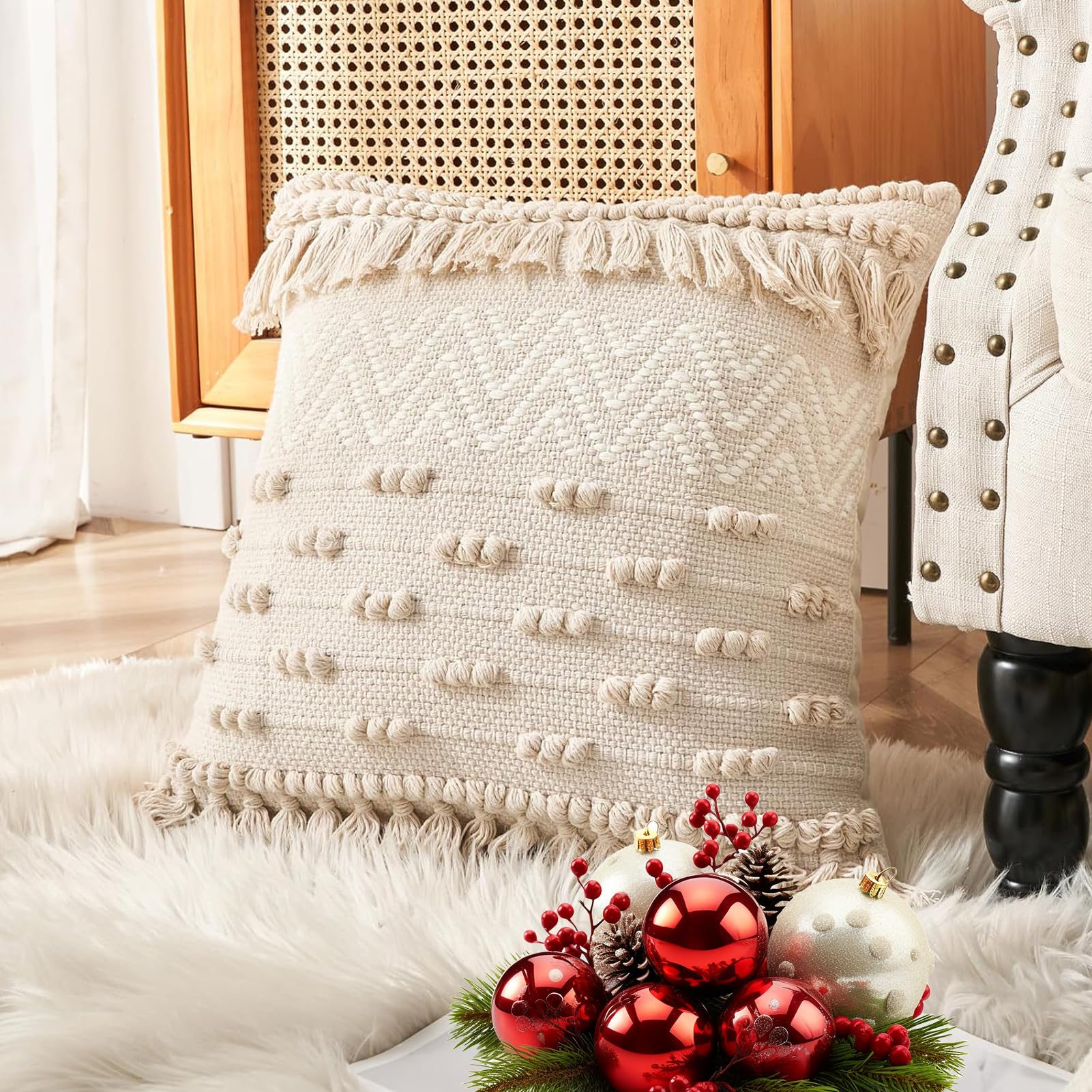 Handmade Boho Throw Pillow Cover 18x18 inch, Cotton Thread Bohemian Accent Pillow Covers, Khaki Cream Textured Pillow Cover for Couch, Decorative Pillow Cover (Pack of 1)