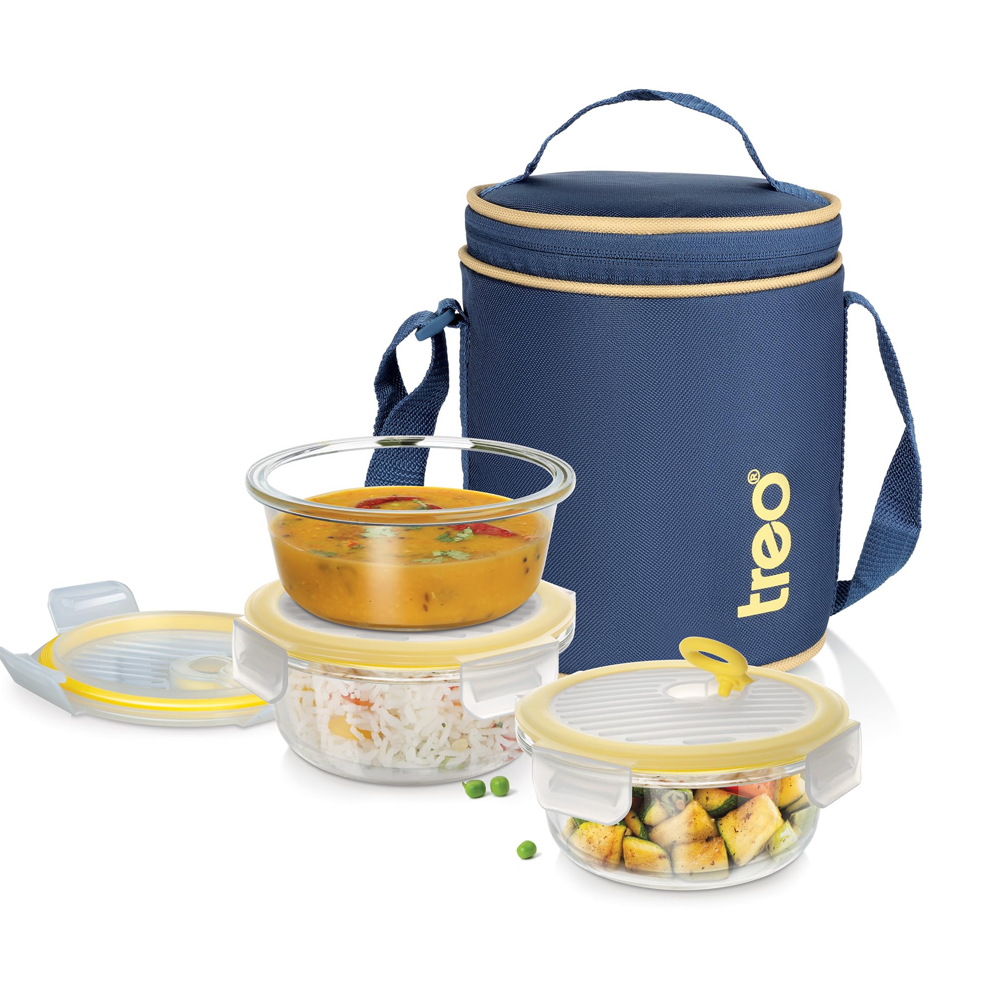 Treo By Milton All Fresh Borosilicate Glass Round Tiffin set of 3, 400 ml each, Durable Carry Jacket,Microwave-Oven Safe,Leak Proof,Air Vent Lid,Scratch Resistant,Ideal for Office, School,Travel, Blue