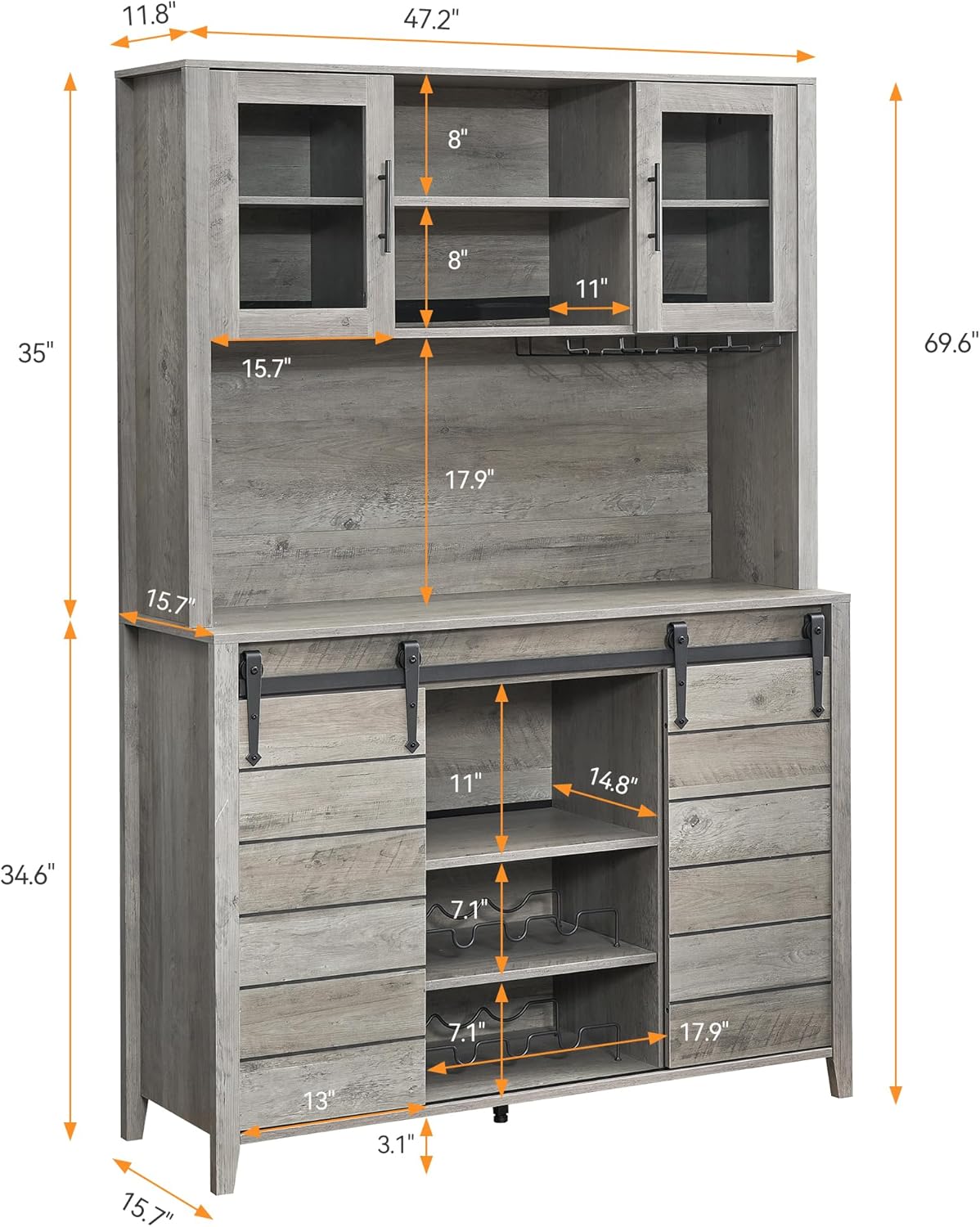 GarveeHome 70 in Tall Farmhouse Coffee Bar Cabinet, Kitchen Hutch Storage with Sliding Barn Door, Kitchen Buffet with Wine Rack, Glass Holder, Wine Bar Cabinet for Dining Room, Living Room, Gray