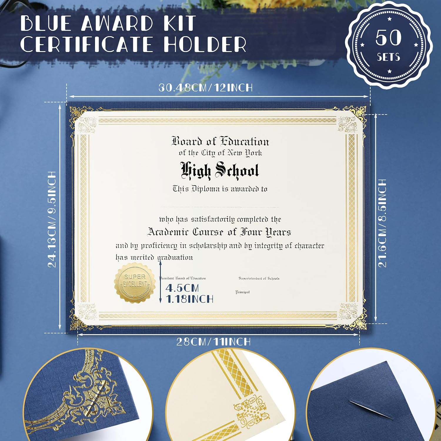 Kosiz 150 pcs Certificate Kit Includes 50 Gold Foil Certificates 50 Single Sided Holders 8.5'' x 11"50 Gold Foil Award Seals for Diplomas, Awards, and Accomplishments(Blue)