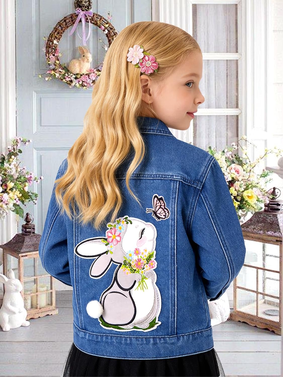 Miipat Toddler Girls Denim Jacket Sequin Patchwork Jean Jacket Little Kids Button Down Long Sleeve Jean Coat