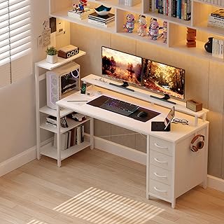YOUDENOVA Gaming Schreibtisch 150 * 50cm,Gaming Tisch mit LED-Beleuchtung & Steckdose,Computertisch mit Schubladen,Carbon Fiber weiß