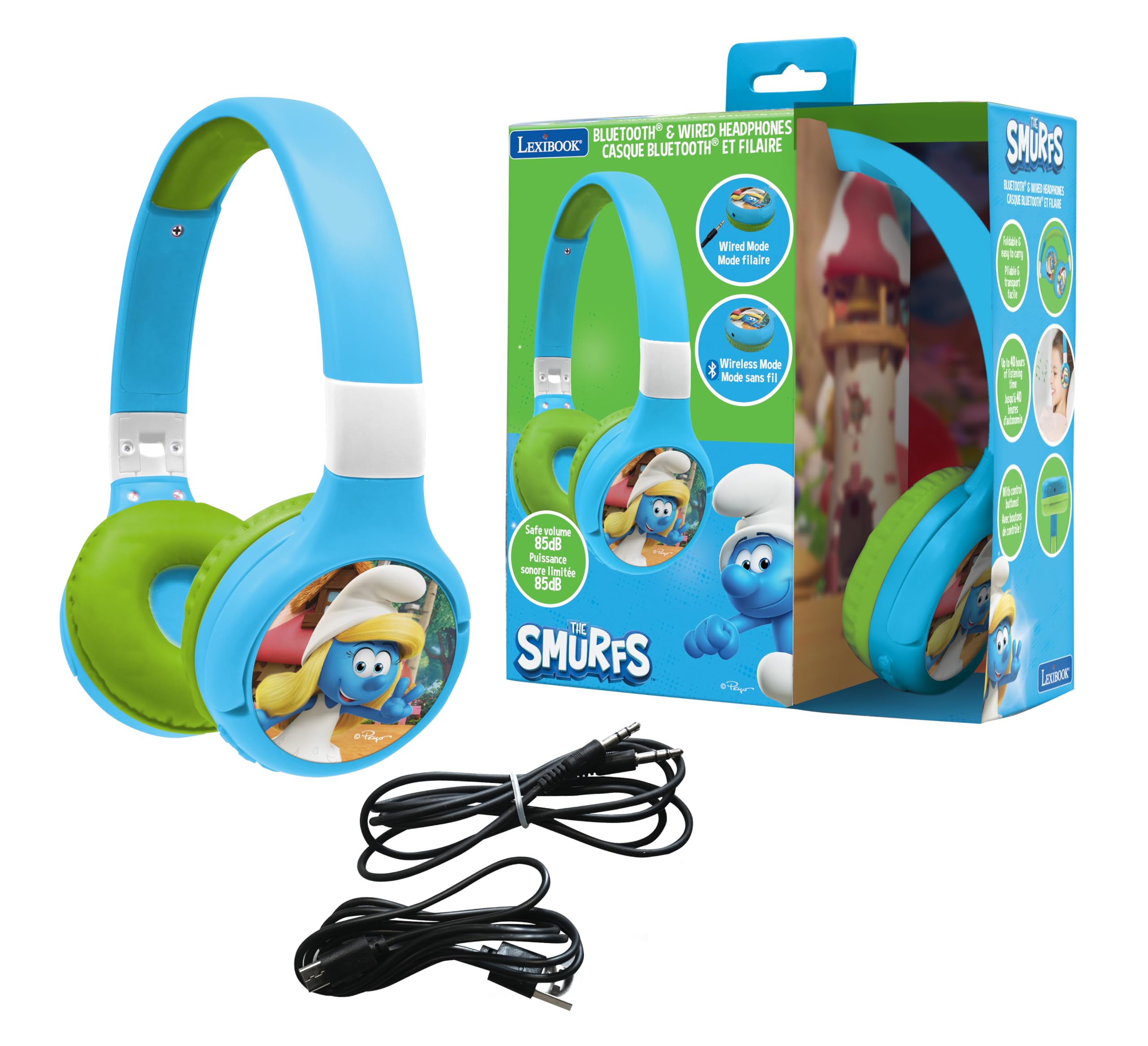 LEXIBOOK, The Smurfs, 2-in-1 Bluetooth & Wired Headphones with microphone and control buttons, Foldable and Adjustable, Long-lasting rechargeable battery, Blue/green, HPBT010SF