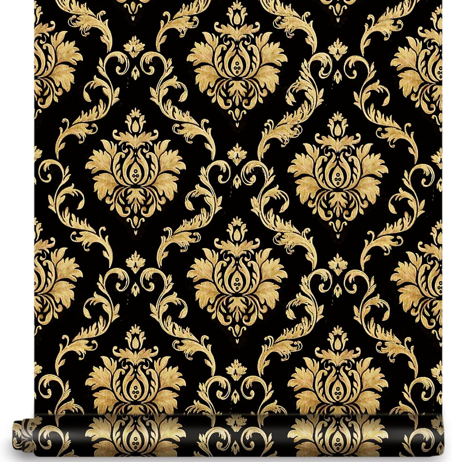 Peel and Stick Damask Wallpaper 17.7"×32.8ft Brown/Black Decorative Wall Covering Pre-Pasted Contact Paper Removable Self-Adhesive Furniture Shelf Liner Vinyl Roll