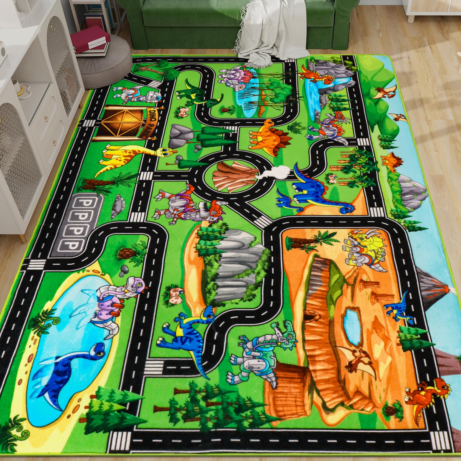 DINSUMRUG Kids Rugs for Playroom 200×150CM Dinosaur Car Play Mat Robot Dinosaur Park Road Educational Dino Road Rug for Toy Car Jurassic Themed Play Carpet for Kids Toddlers