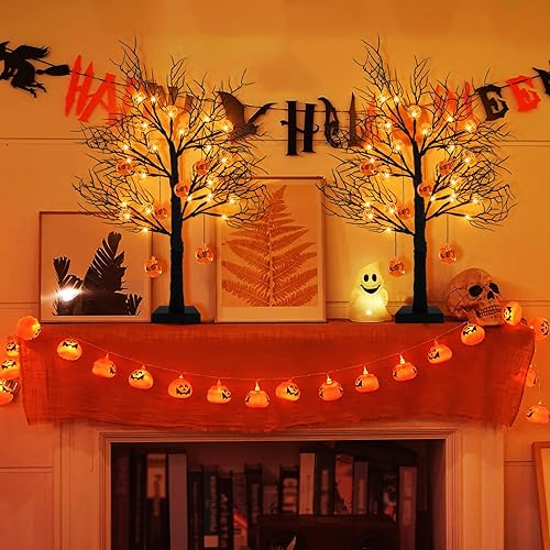 Miniatura 6 de Paquete de 2 árboles negros de Halloween de 24 pulgadas con temporizador, árbol de mesa iluminado con pilas de 24 luces LED con 12 luces naranja