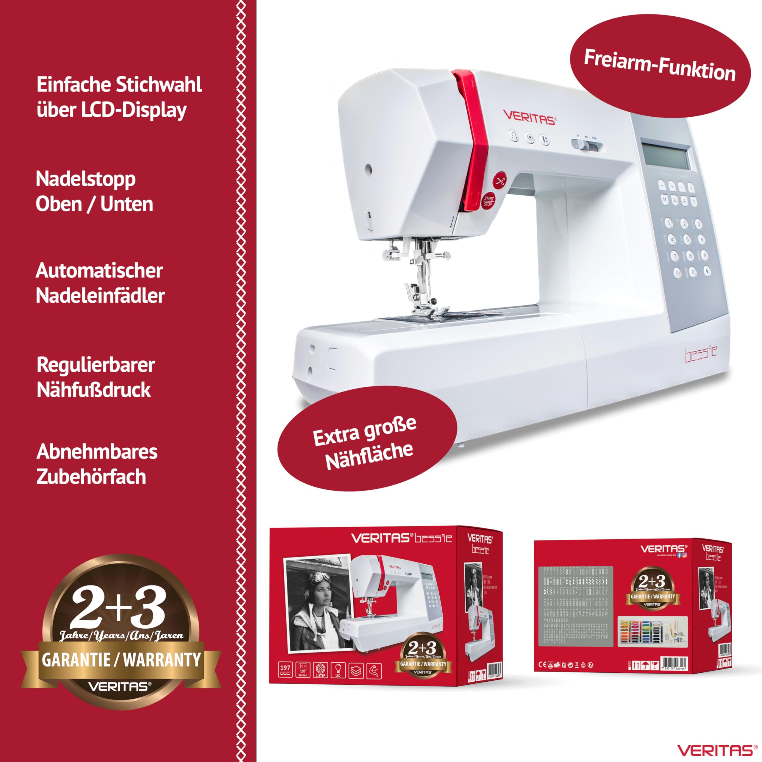 VERITAS Nähmaschine Bessie I Computer-Nähmaschine I 196 Programme inkl. Speicherfunktion I Stiche spiegeln I Auto-Fadenspannung & Einfädelhilfe I Fadenabschneider I LCD-Display & LED-Nählicht (weiß)