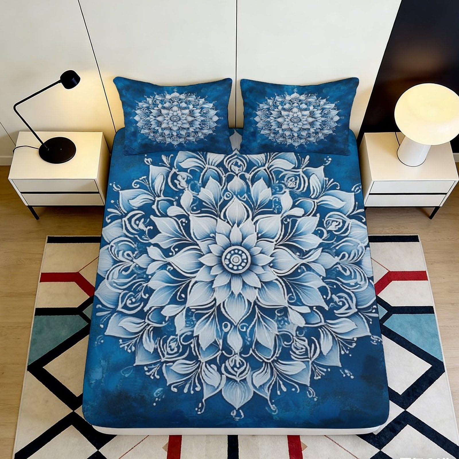 Jqzkxnhpbr Style-10 3D Printed Blue Mandala Fitted Sheet Microfiber Soft Non-Slip Lotus Pattern Bed Cover For Bedroom Dorm Décor 90X200x25cm