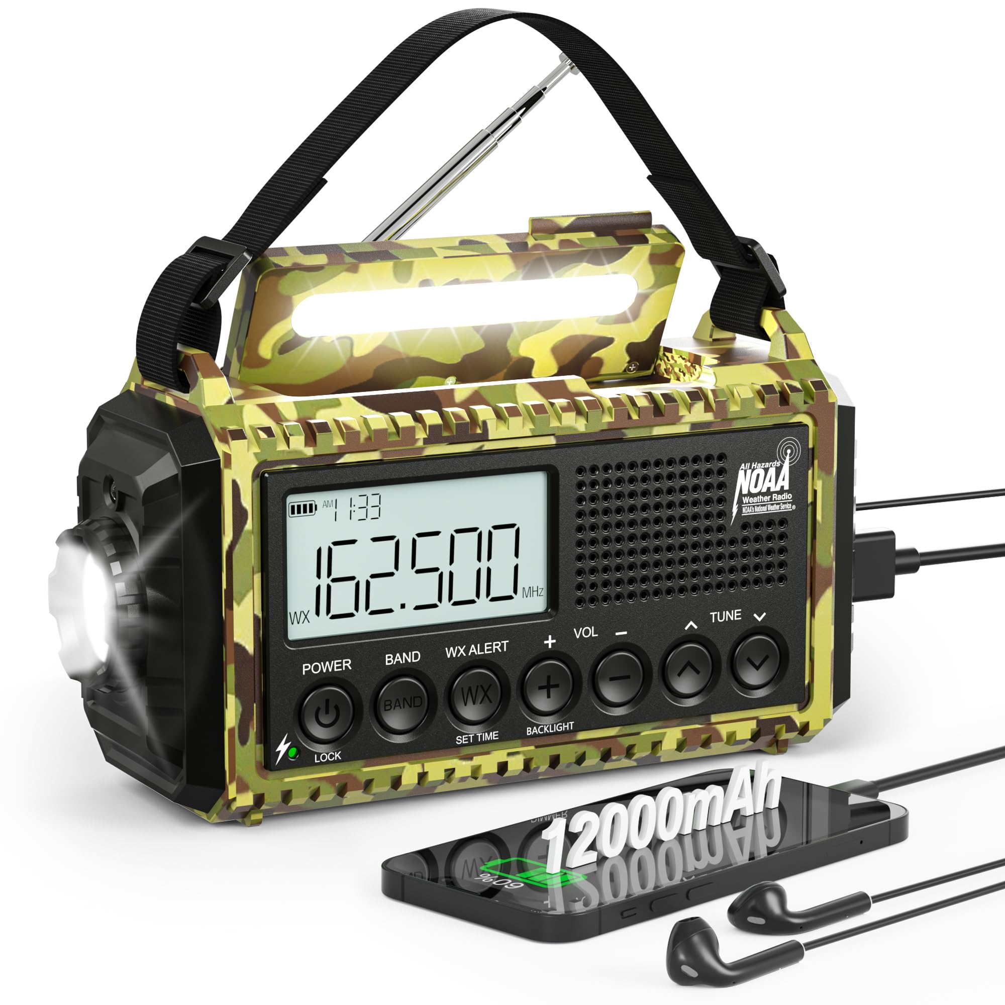 12000mAh/44400mWh Weather Radio, Hand Crank Emergency Radio Portable AM FM Shortwave, Solar Rechargeable Battery Powered Radio with NOAA Alert, USB-C Charger & Adapter, SOS Flashlight for Emergency