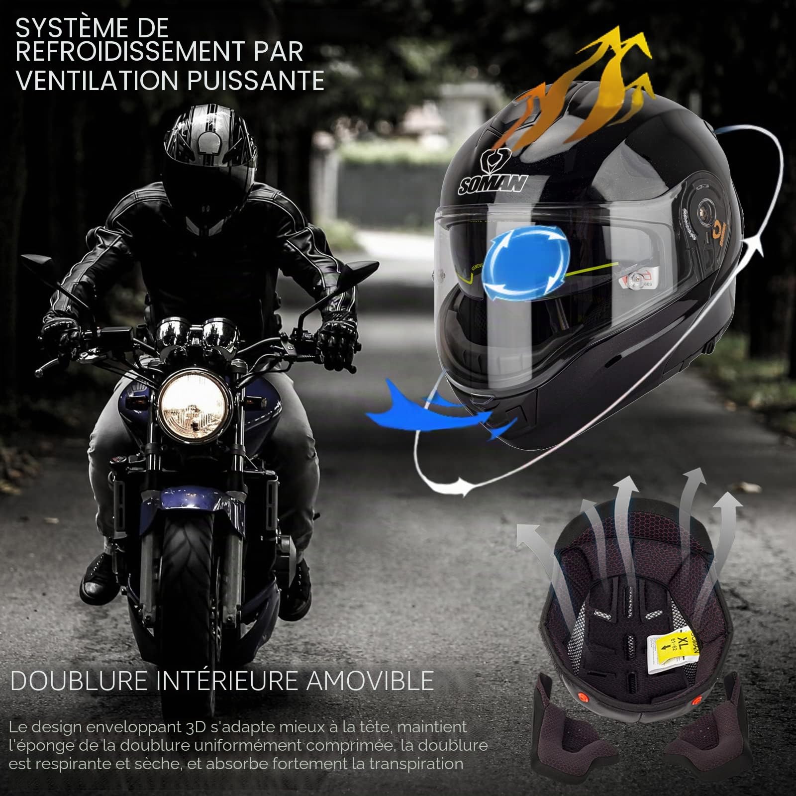 Casque Modulable Moto Scooter Casques Integral Modulables ECE/DOT Homologué Casques de Moto Homme et Femme avec Double Visière, Noir-4XL(67~68cm)