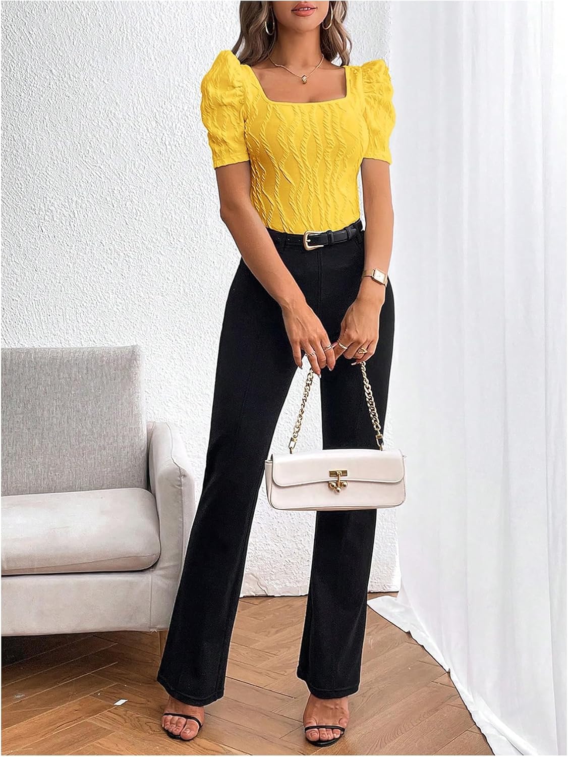 GORGLITTER Women's Puff Short Sleeve Square Neck Top Textured Knitted T Shirt Going Out Tops - Image 6