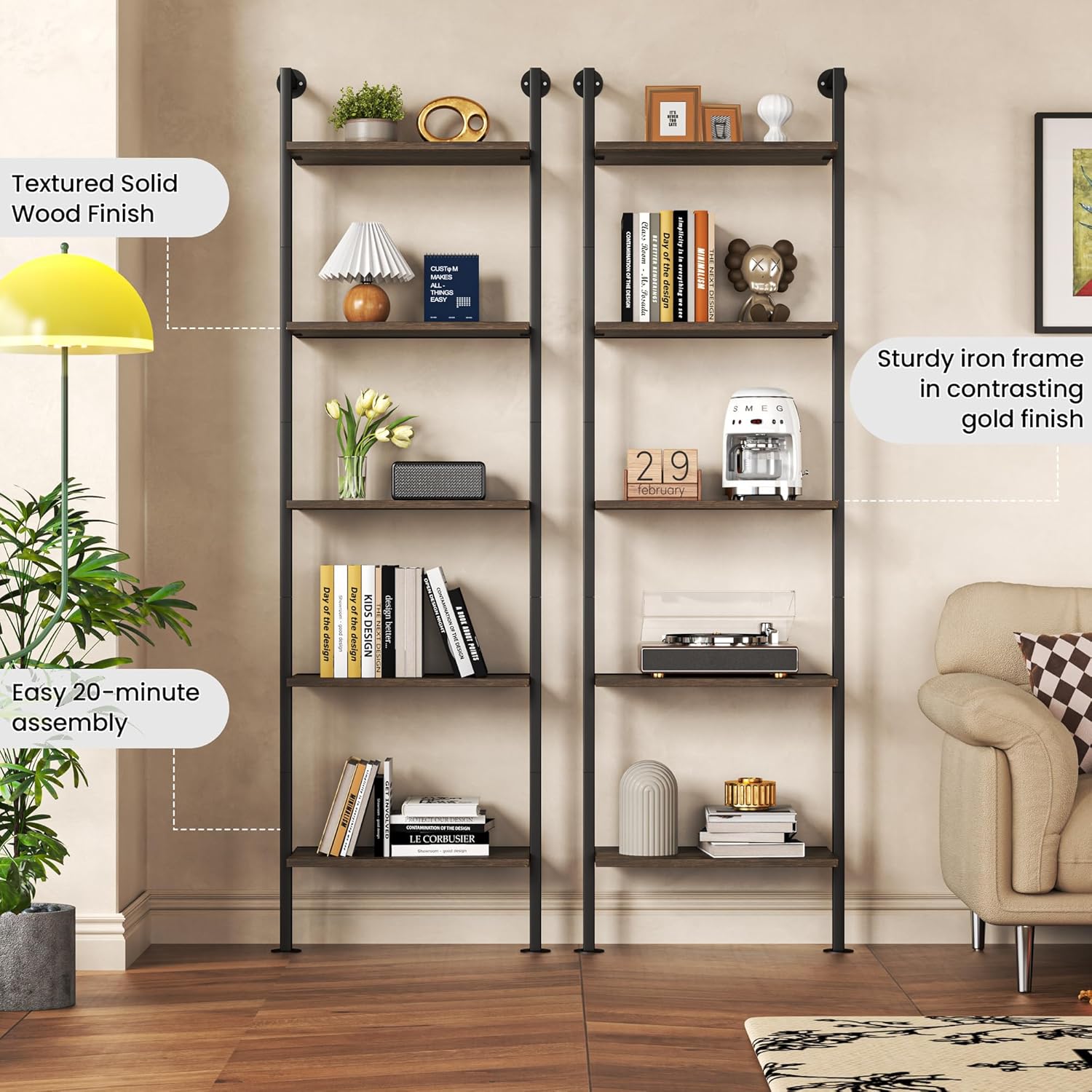 Acovy 5-Tier Bookshelf - Solid Wood Narrow Ladder Shelf Set of 2, Wall Mount Bookcase for Living Room, Bedroom - Industrial Style, Dark Brown