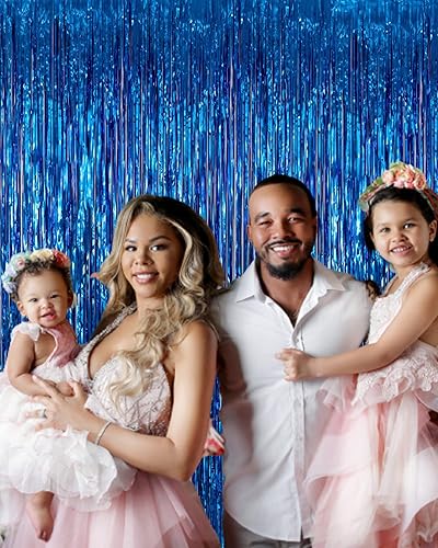 Miniatura 4 de Colmsc Cortinas metálicas con flecos de aluminio de oropel para decoración de fiestas 33 x 82 pies telón de fondo de moda azul 1 unidad