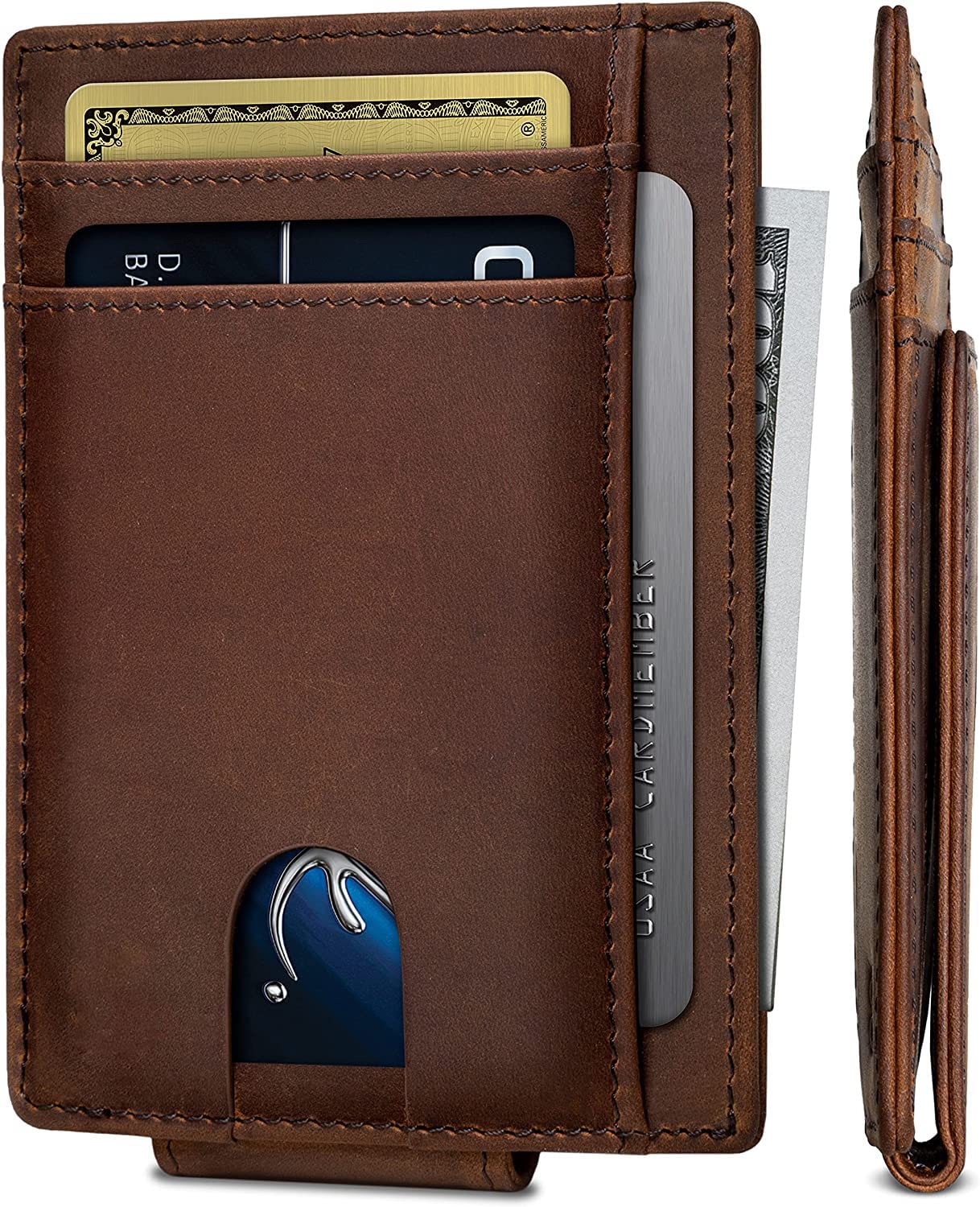 Contacts Front Pocket Wallet with Magnetic Money Clip Minimalist RFID Genuine Leather Wallets for Men Slim Credit Card Card Holder | 8 to 10 Card Slots (Brown)