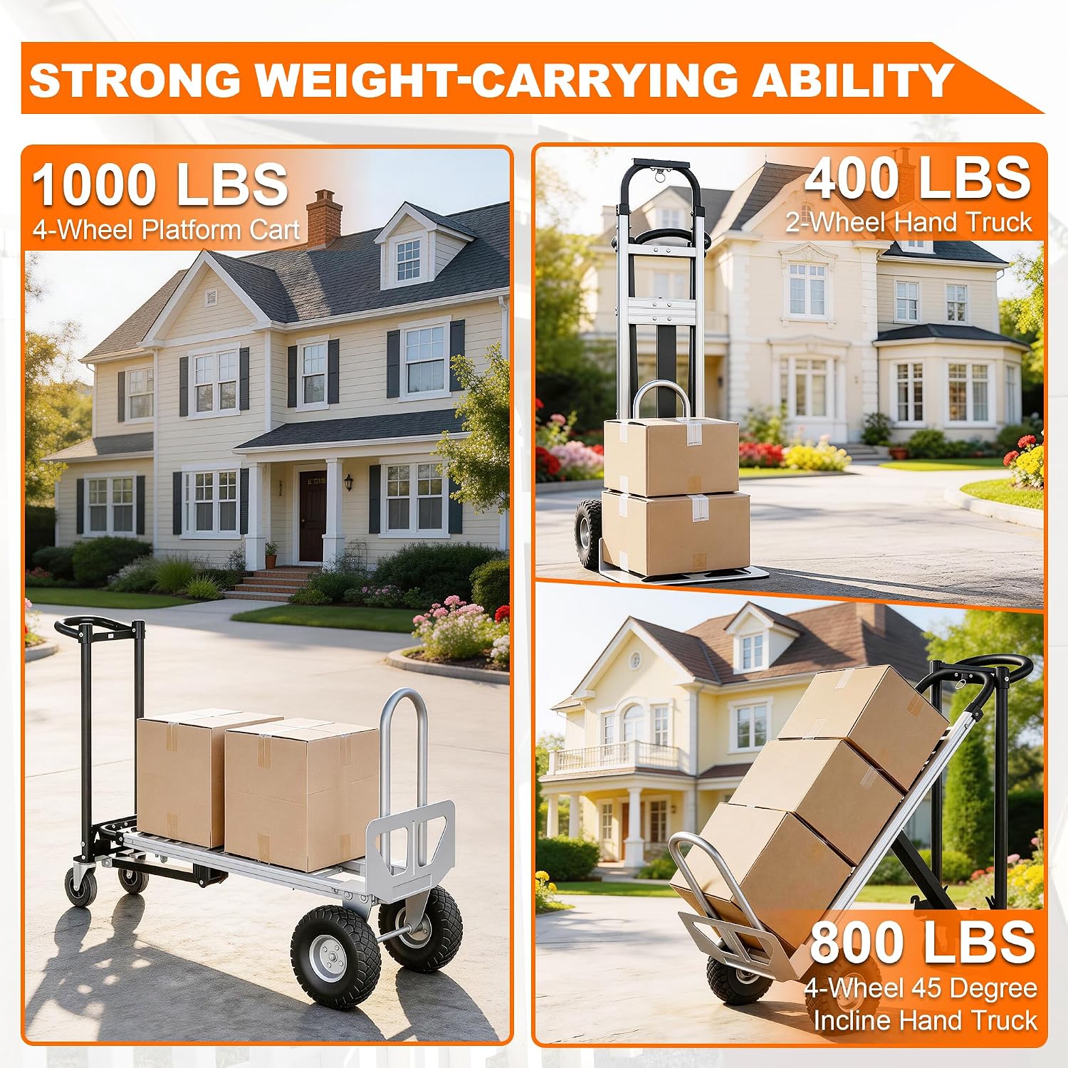 4 in 1 Convertible Hand Truck Dolly Cart with Wheels, 1000LBS Collapsible/Folding Hand Truck Dolly with Straps, Adjustable Height for Luggages/Cartons/Warehouse/Supermarket/Office-Silver Black