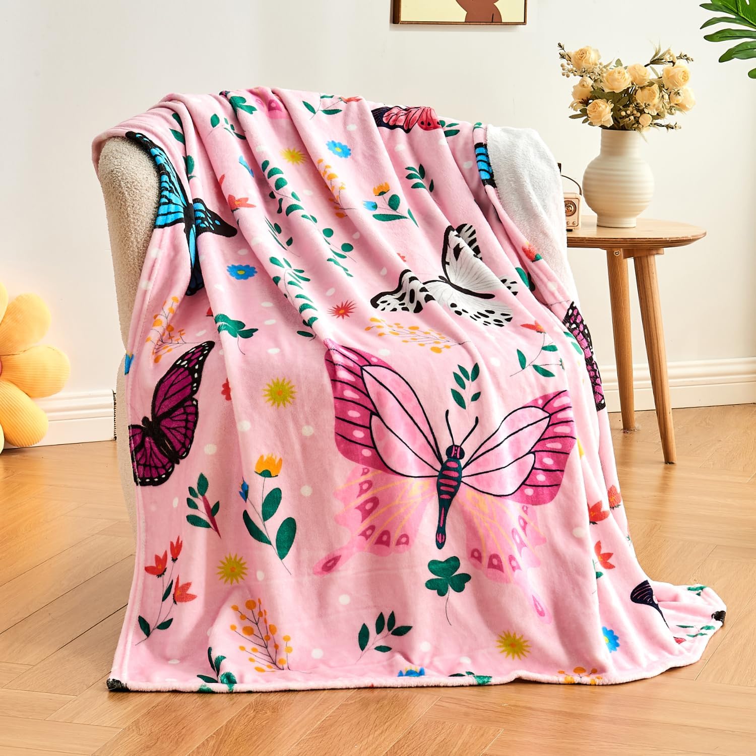 Butterfly Kids Throw Blanket for Girls Teens Toddler Pink Soft Fuzzy Flannel Bed Blanket Colorful Flowers Birthday Gifts for Women Girls Kids Teens Adults, 60”x80”