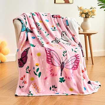 Butterfly Kids Throw Blanket for Girls Teens Toddler Pink Soft Fuzzy Flannel Bed Blanket Colorful Flowers Birthday Gifts for Women Girls Kids Teens Adults, 60x80