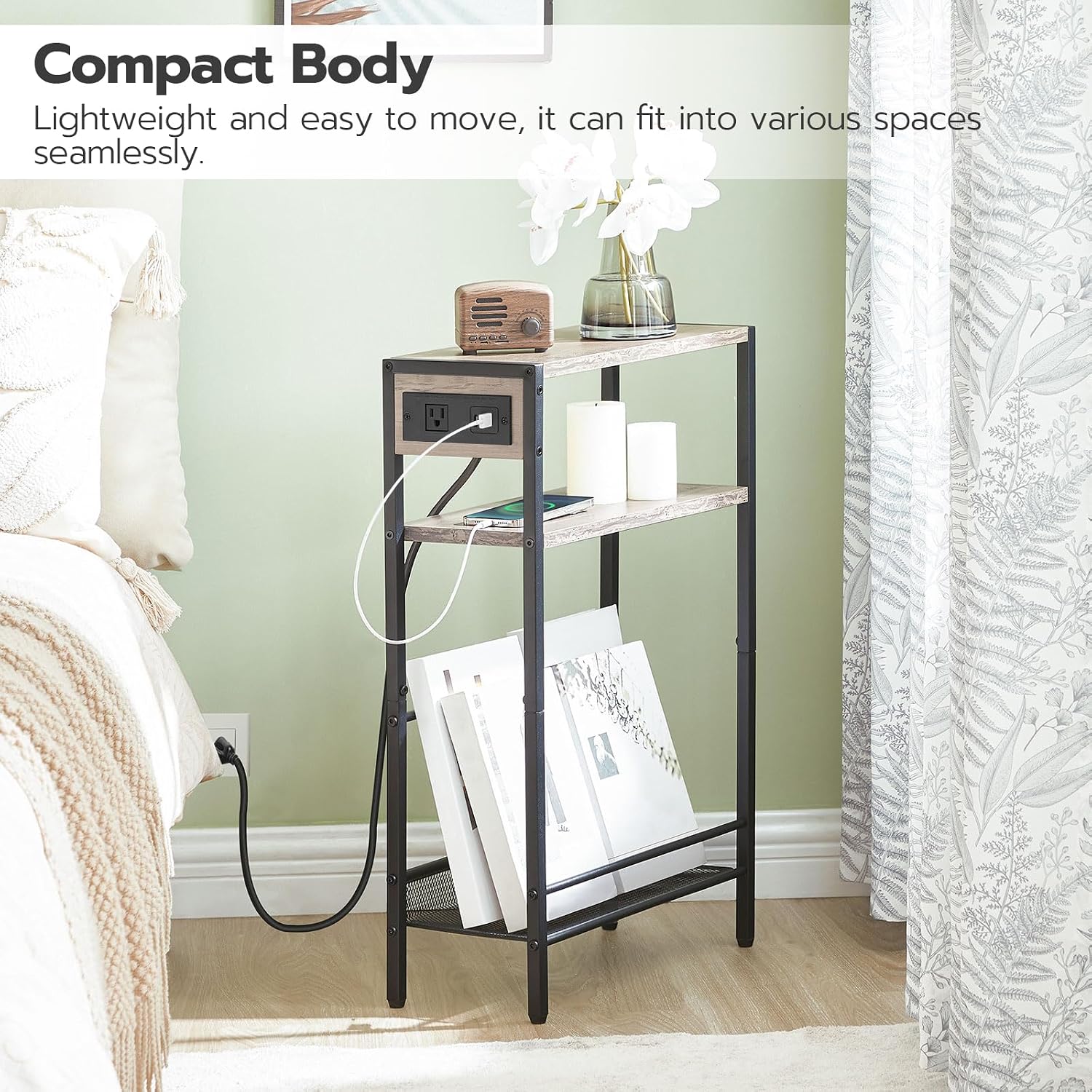 HOOBRO Small Narrow Side Table with Charging Station Set of 2, Skinny End Table for Small Spaces, Slim Nightstand with USB Ports Outlet, Sofa Beside Table with Storage Shelf BG102UBZP201 image 4