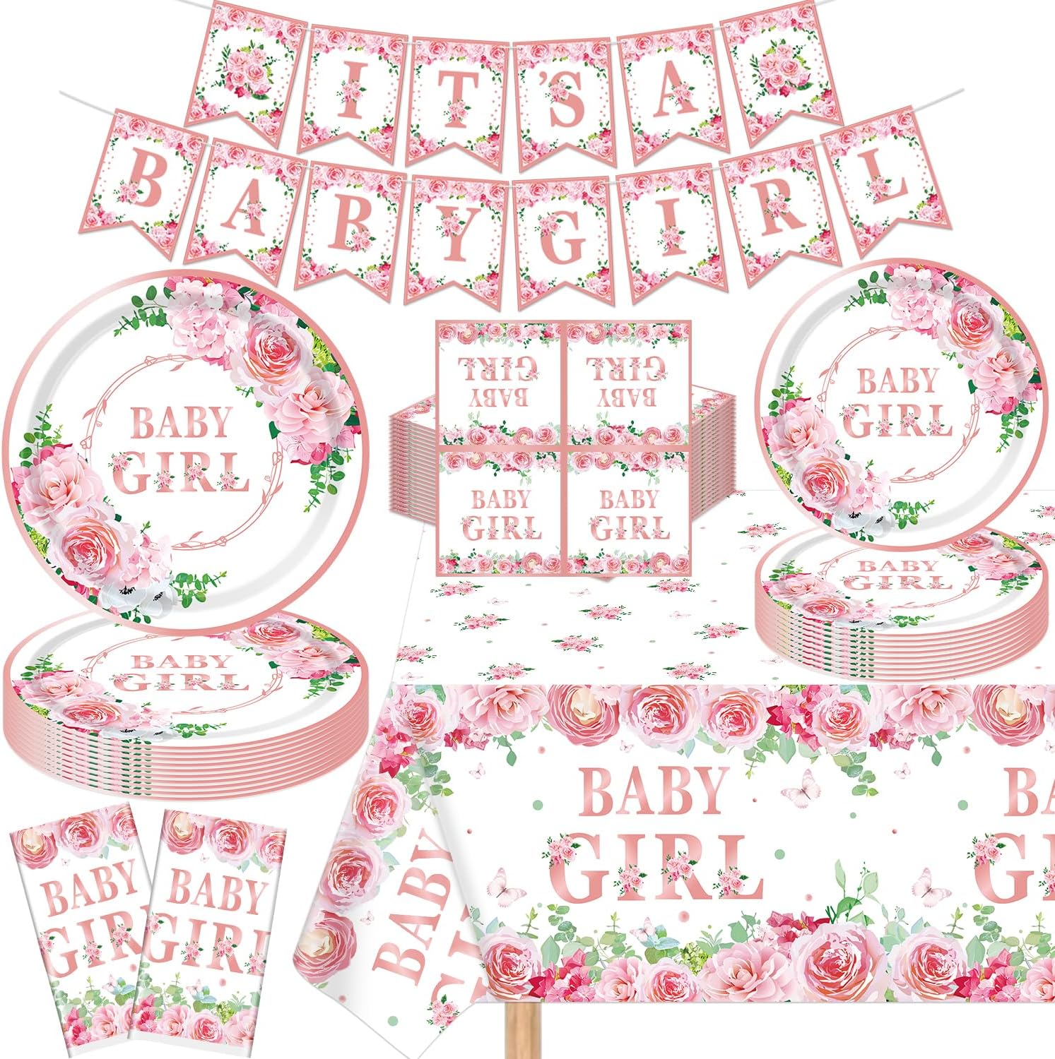 123 Pack Floral Sweet Babygirl Party Supplies Baby in Bloom Birthday Party Deco Set Baby Shower Deco for Girl Party Supplies Include Plates, Napkins, Birthday Banner, Tablecloth for 40 Guests
