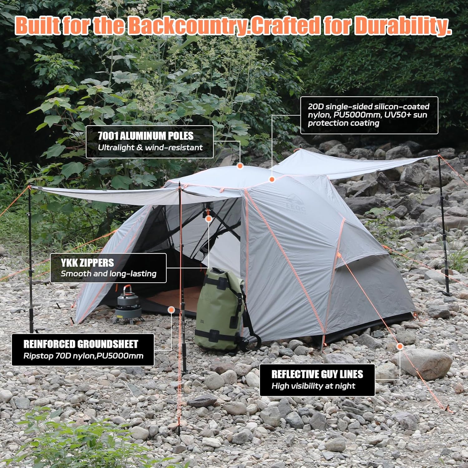 2 Person Lightweight Backpacking Tent – 5000mm Waterproof Silicone Nylon, 7001 Aluminum Poles, YKK Zippers, Compact 3-Season Hiking & Camping Tent with Front Vestibule