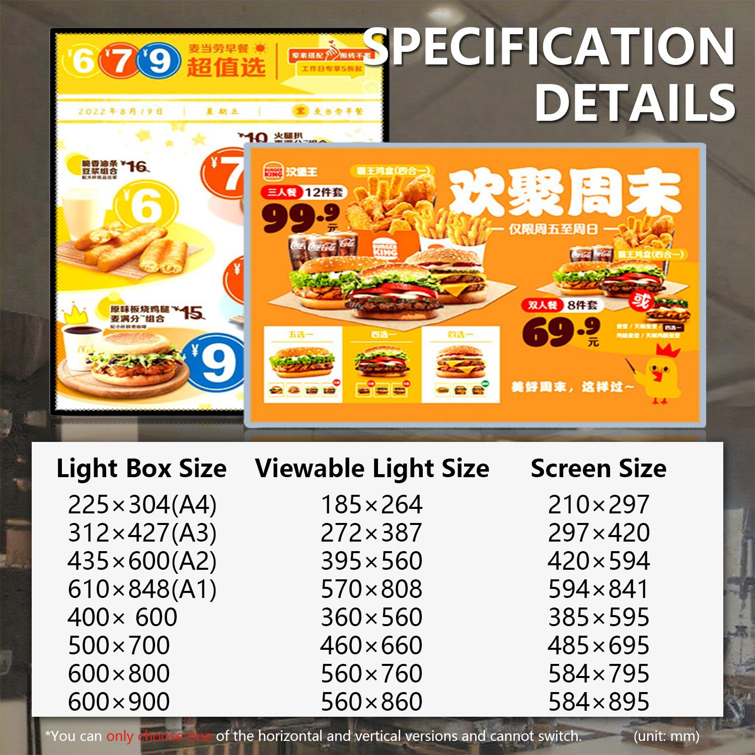 Marco De Póster LED, Tablero De Menú LED, Diseño Delgado De 1 Cm, Brazo Retráctil De 50-95 Cm, Ajustable De 0 a 90°, Montaje En Pared/Techo, para Restaurantes Vertical-1PCA4(22.5 * 30.4CM)