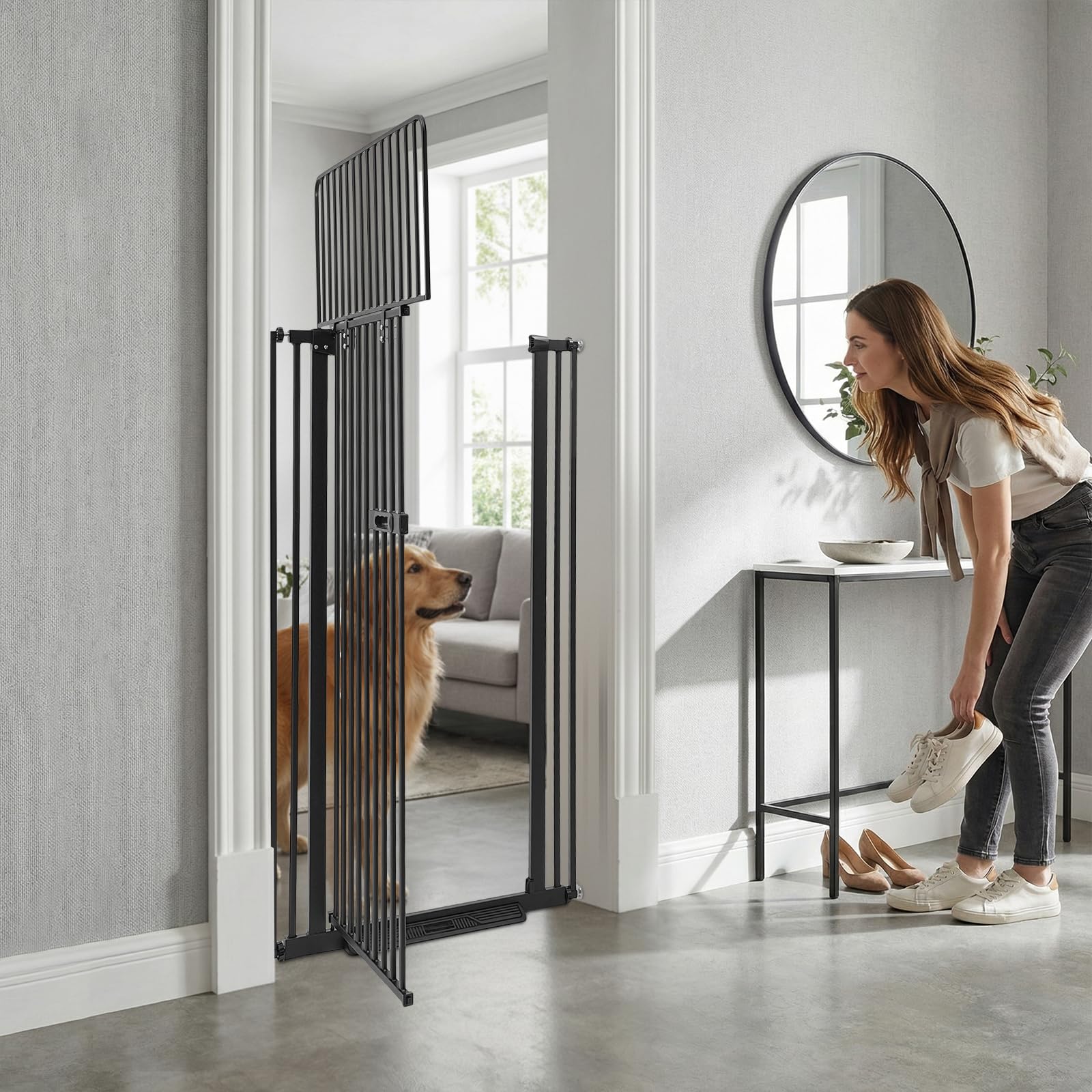 Treppenschutzgitter 135cm ausziehbar mit Tür für Katzen und Hunde | Sicherheitsgitter mit Klemmbefestigung und Doppelverriegelung für Treppe ohne Bohren 90°Stop (Schwarz)
