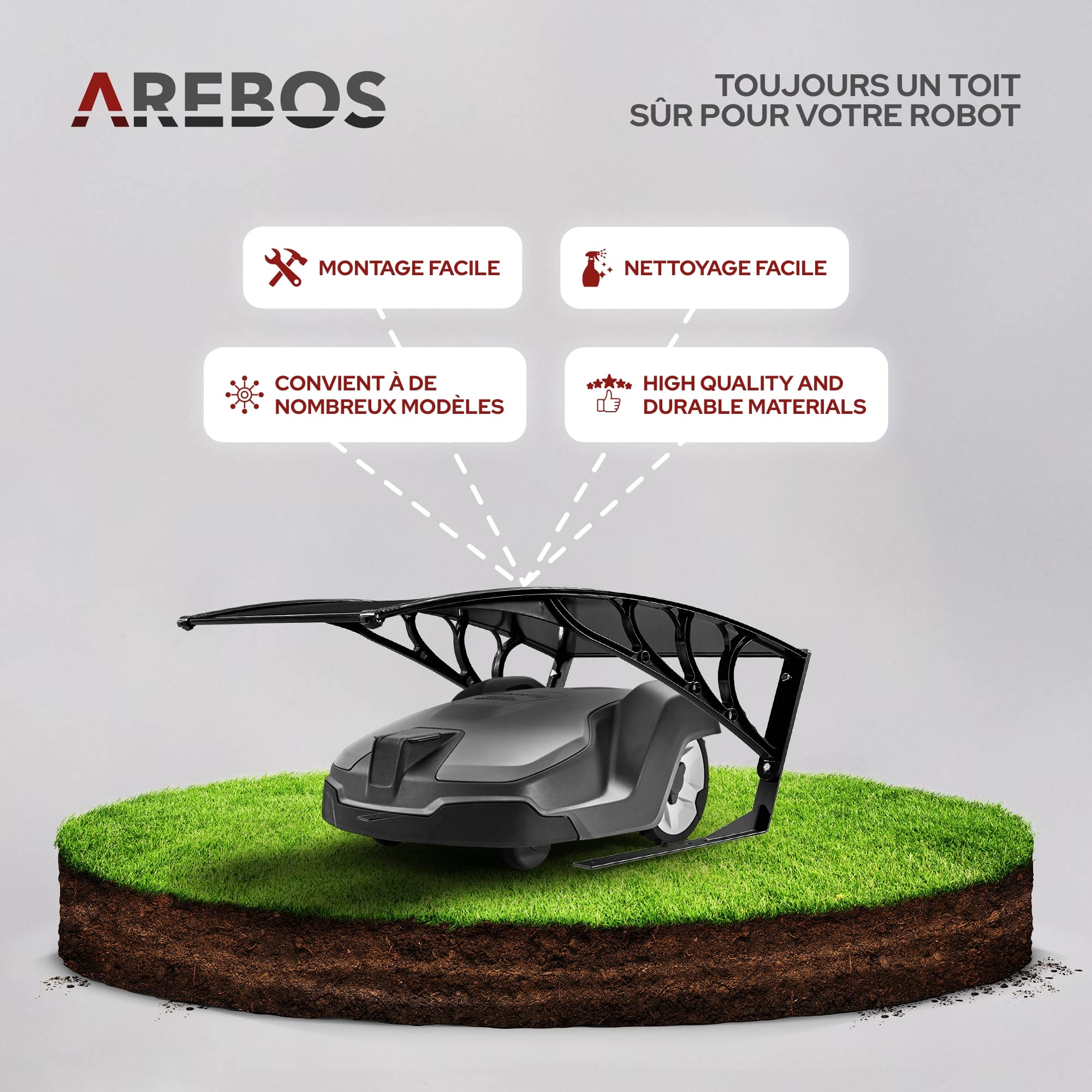 Arebos Garage de Tondeuse Robot | Abri pour Robot | Taille 102 x 79 x 46 cm | Résistant aux intempéries + Protection UV | avec Pieds en métal | matériel de Montage Inclus
