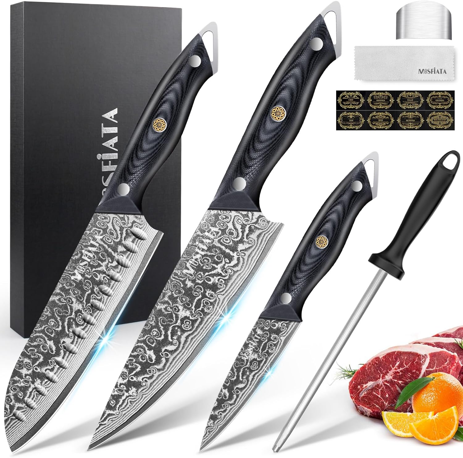 MOSFiATA 3PCS Knife,Kitchen Knives Set with VG10 Steel, Ultra-Sharp Professional Chef Knife Set and Full Tang G10 Handle, Gift Box