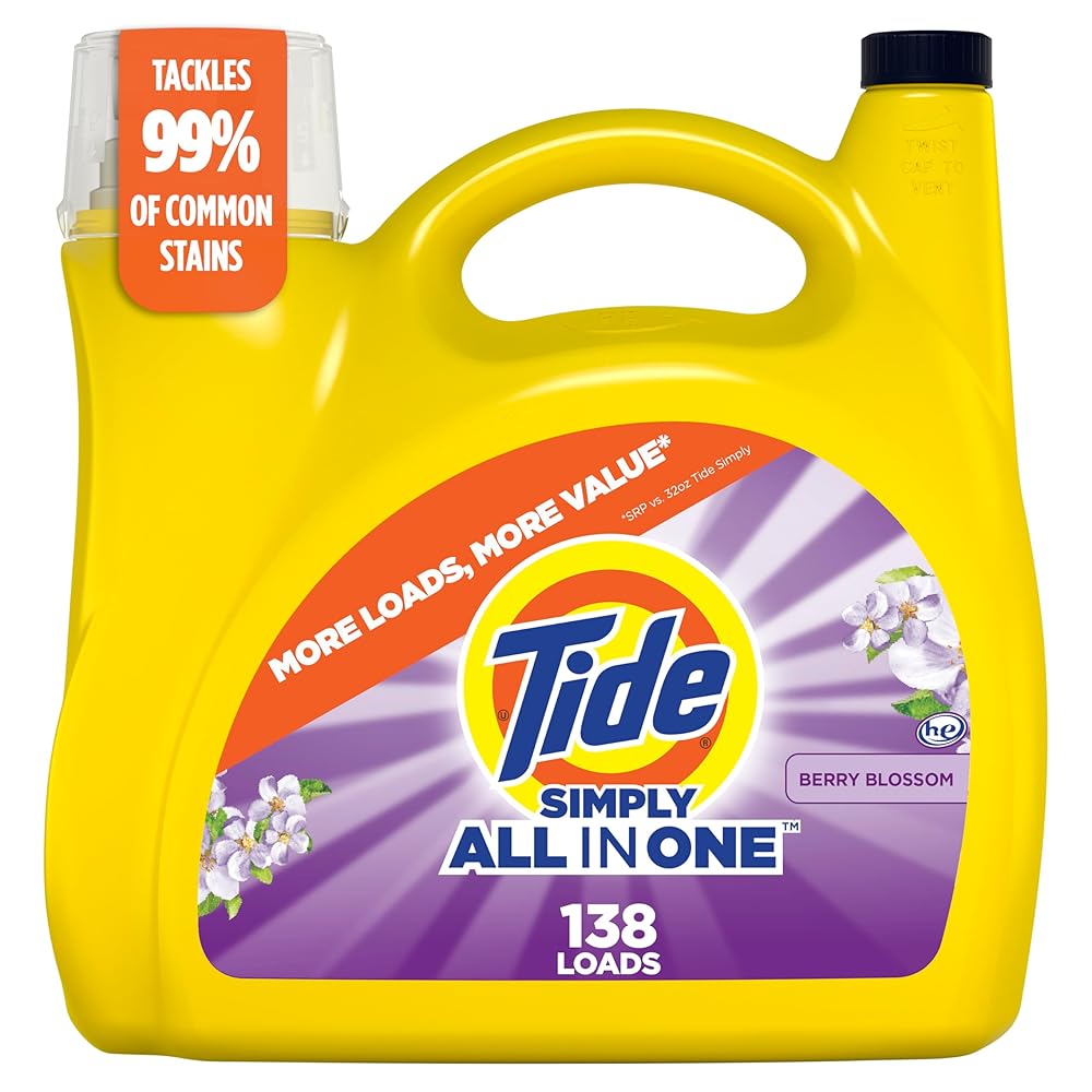 Tide Simply All-In-One Liquid Laundry Detergent, Berry Blossom Scent, 138 Loads, 182 fl oz