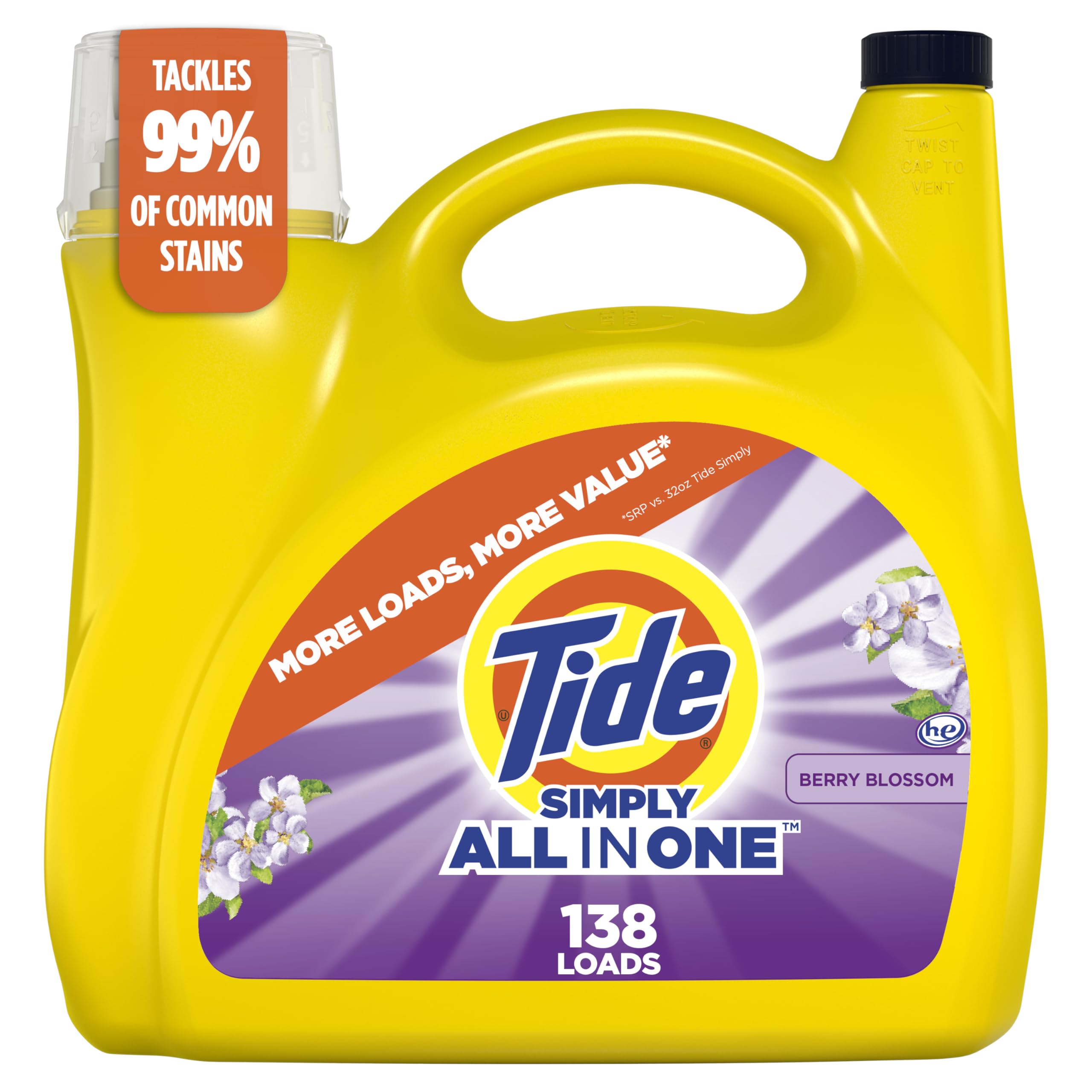 Tide Simply Clean & Fresh Liquid Laundry Detergent, Berry Blossom Scent, 138 Loads, 173 fl oz