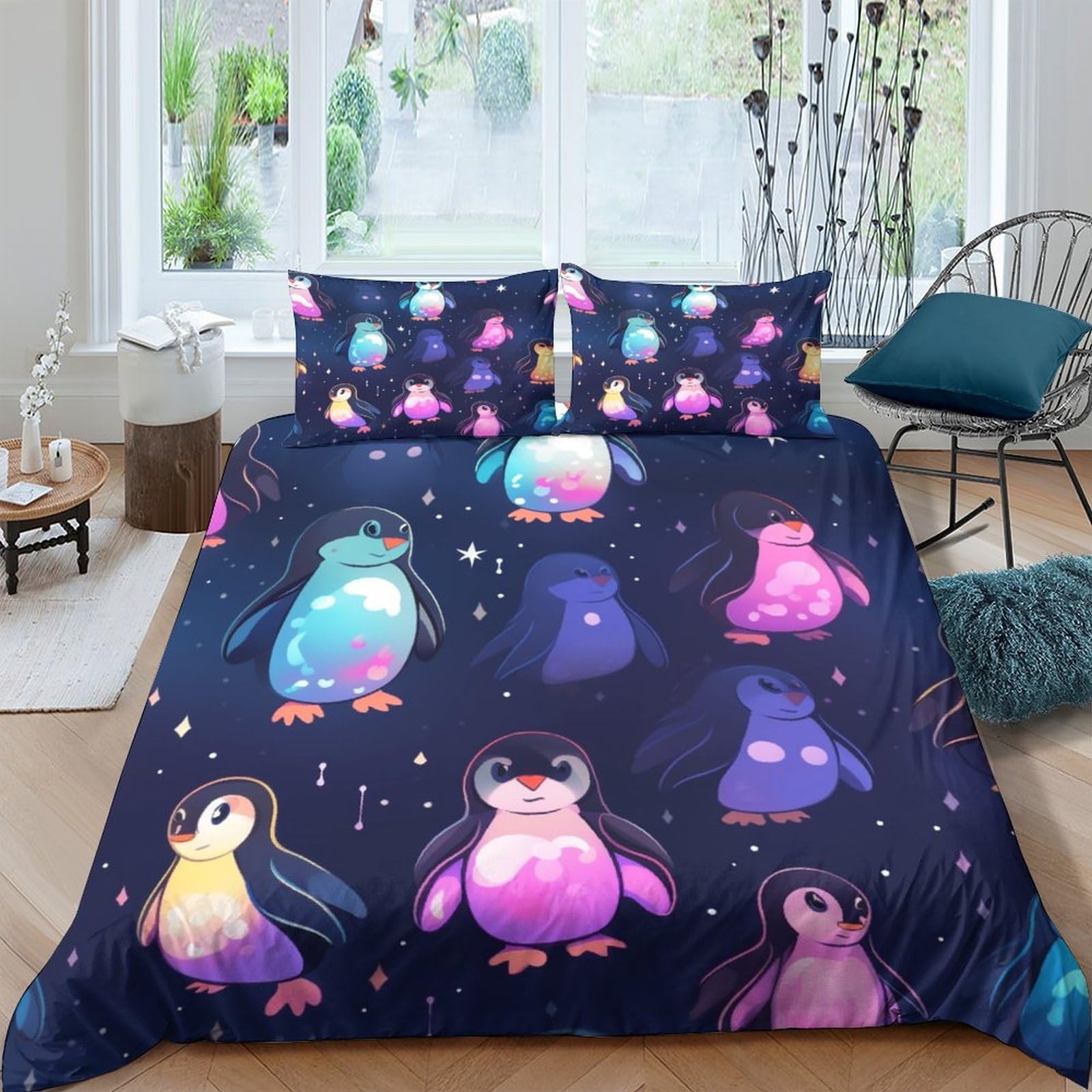 BARDYS Colourful Penguin 3D Printed Bedding Set Soft Microfiber Painting Comforter Cover with Pillowcaser, Quilt Cover with Zipper,Duvet Cover Set Light Weight for Kids Girls，boys Double（200x200cm）