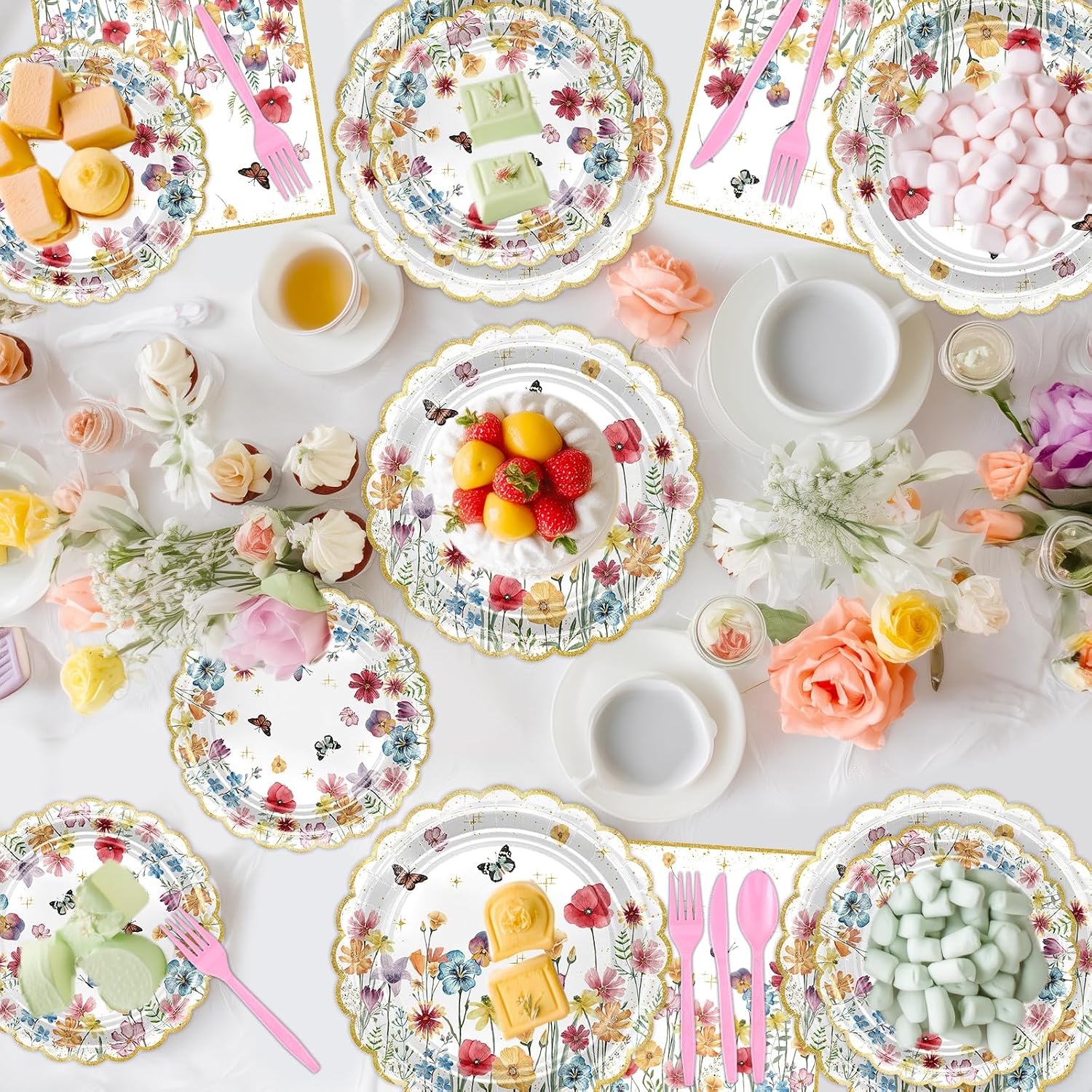 Avezano 168 PCS Wildflower Party Decorations Spring Floral Butterfly Plates Napkin Tableware Set for Girls Wildflower Birthday Baby Shower Supplies, Serves 24