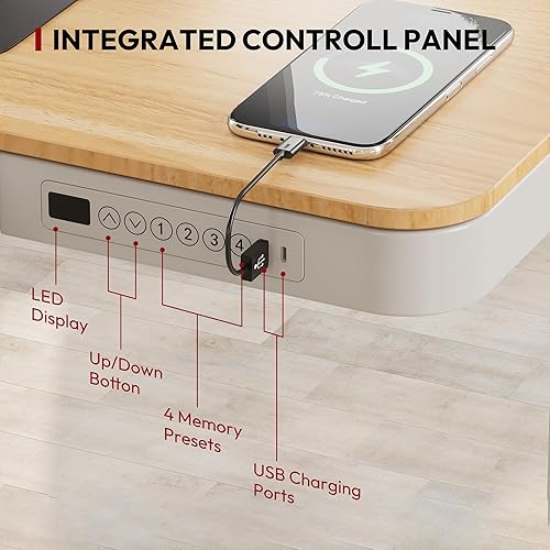 Miniatura 5 de SANODESK Escritorio de pie con cajón, escritorio eléctrico de altura ajustable para oficina en casa con puertos USB y almacenamiento, mesa de madera