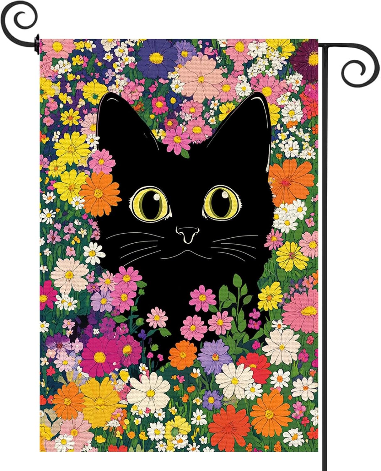 Baccessor Spring Summer Funny Cat Garden Flag Double Sided 12.5 x 18 Inch Funny Black Cat Flower Floral Welcome Small Yard Flag Burlap Seasonal Yard Outdoor Outside Decoration