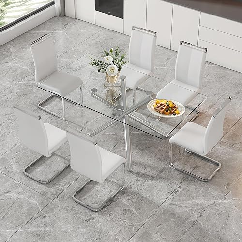 Miniatura 9 de Juego de 6 mesas de comedor de cristal, moderno juego de mesa de comedor de 71 pulgadas con 6 sillas de comedor tapizadas de piel sintética para