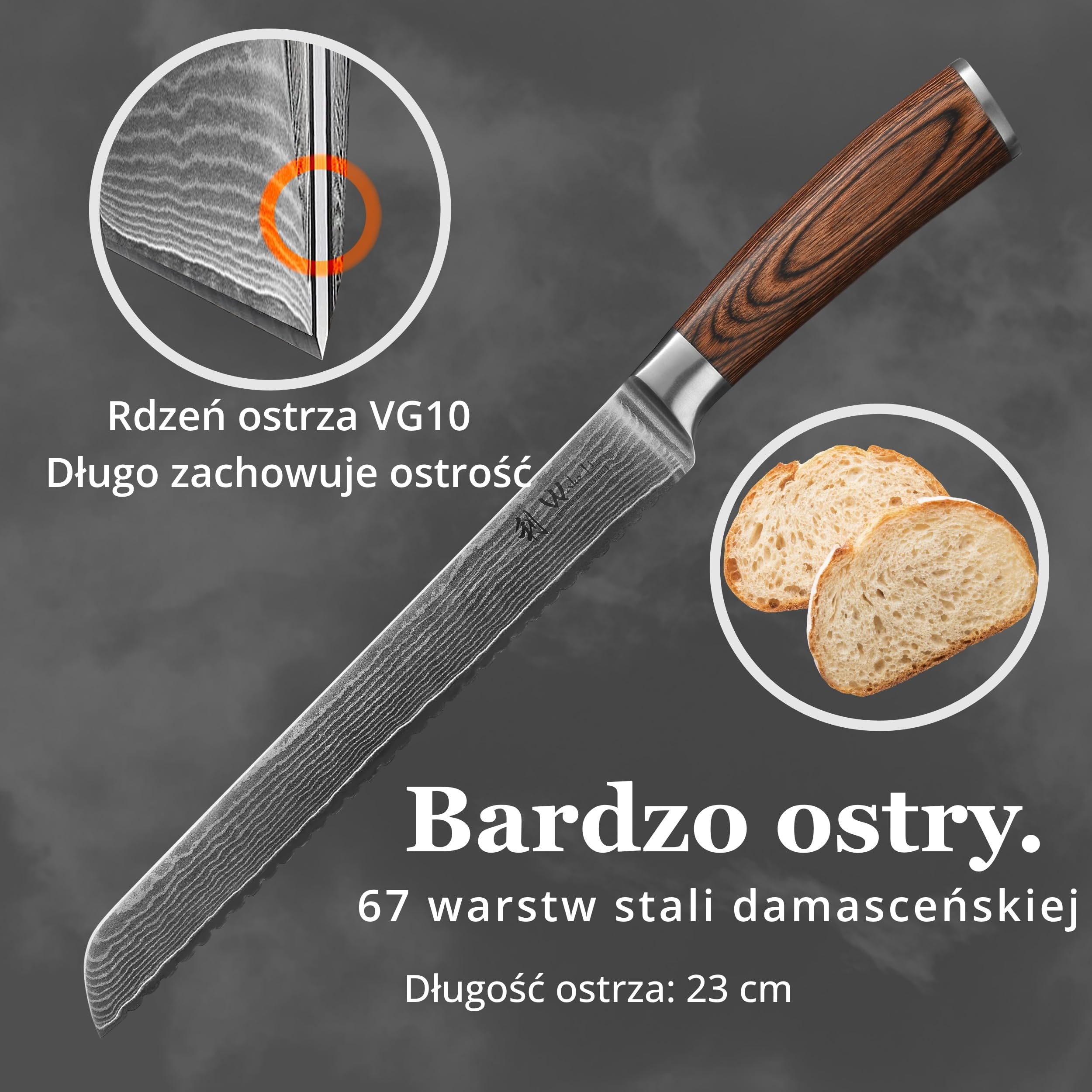 Wakoli EDIB nóż do chleba z ząbkowanym ostrzem ze stali damasceńskiej z rdzeniem VG10, ostrze 23 cm, ergonomiczna rękojeść z drewna Pakka, pudełko prezentowe, do dużych bochenków chleba