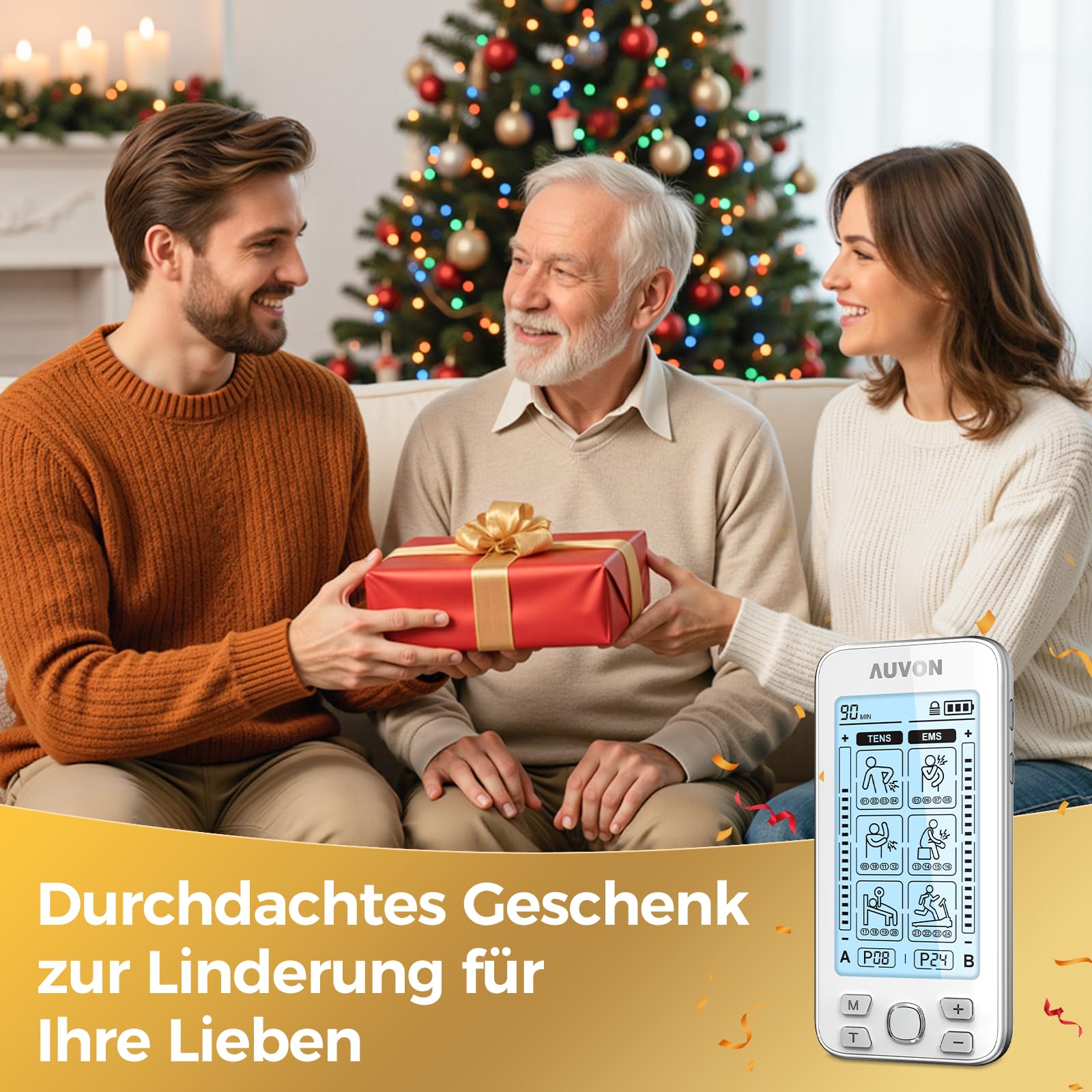 AUVON 4 Kanäle TENS EMS Gerät für Schmerzlinderung, 10er 2"x 2" TENS Pads | 24 Modi Reizstromgerät, medikamentenfrei Schmerzlinderung für Schulter, Rücken und Muskel, Premium-Elektroden patentiert