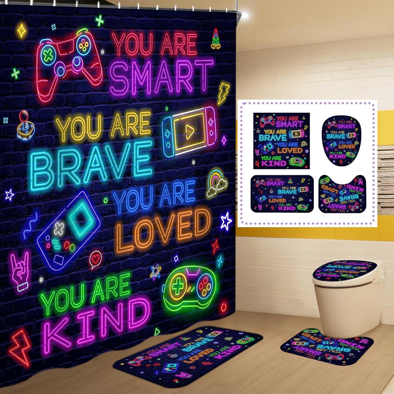 4 Pcs Shower Curtain Sets for Bathroom Glow Neon Black Wall Video Game Kids Boys Decorations Bath Decor Accessories with Rugs, Toilet Lid Cover & Bath Mat with 12 Hooks, 72x72 Inch