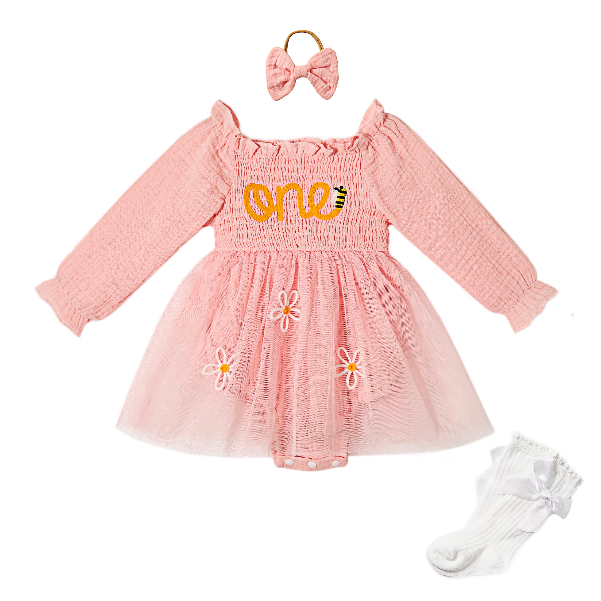 Miipat Robe de Bébé Fille 1er Anniversaire Tulle Manches Longues Romper Ensemble pour Bébé Gâteau Écraser Tenue Nourrisson Vêtements avec Bandeau de Tête Bowknot et Chaussettes