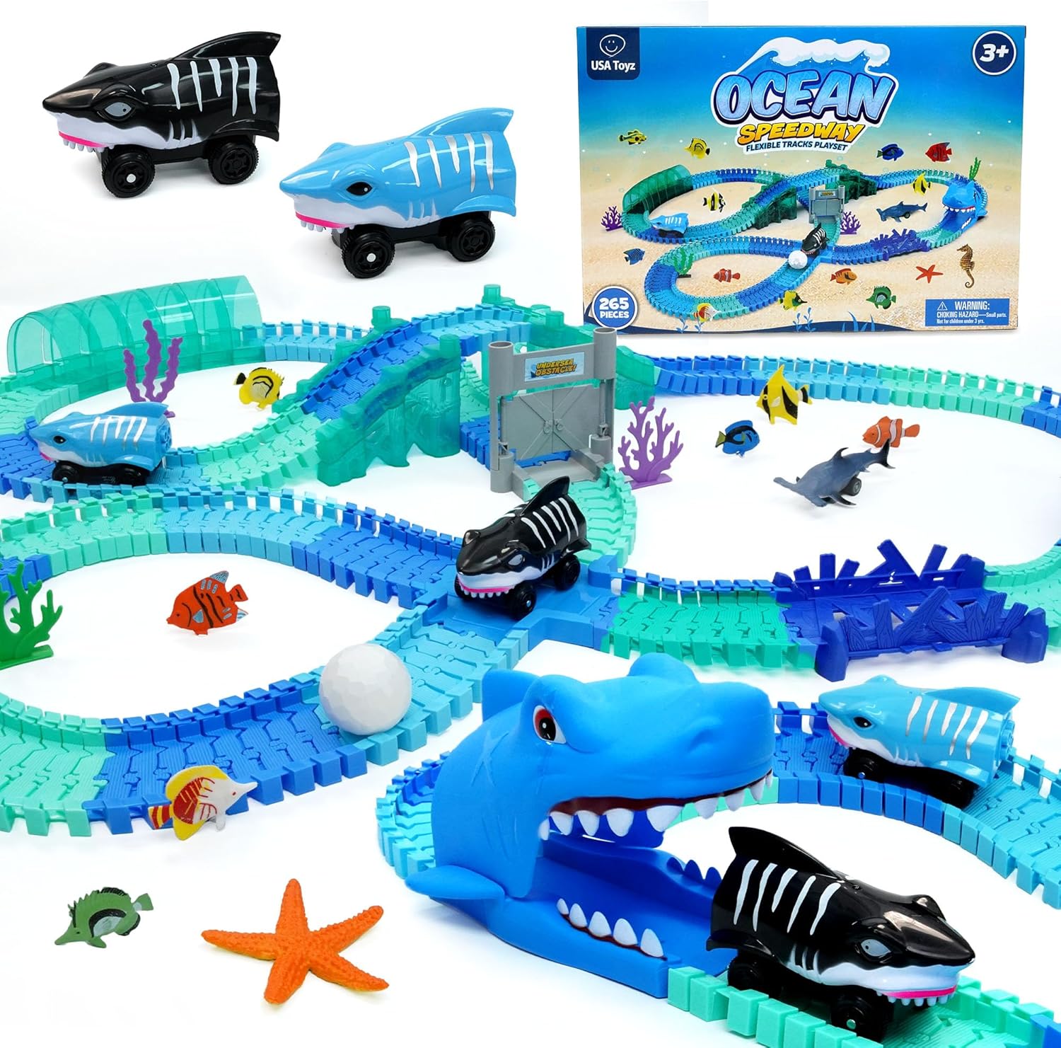 USA Toyz Ocean Race Tracks for Kids- 265pk Speedway Race Car Track Set with 225 Flexible Roads, 3 Shark Toy Cars, Tunnels, Bridges, Intersection, Sea Animals STEM Building Toy for Boys and Girls