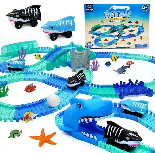 USA Toyz Pistas de carreras oceánicas para niños, juego de 265 pistas de carreras con 225 carreteras flexibles, 3 autos de juguete de tiburón,