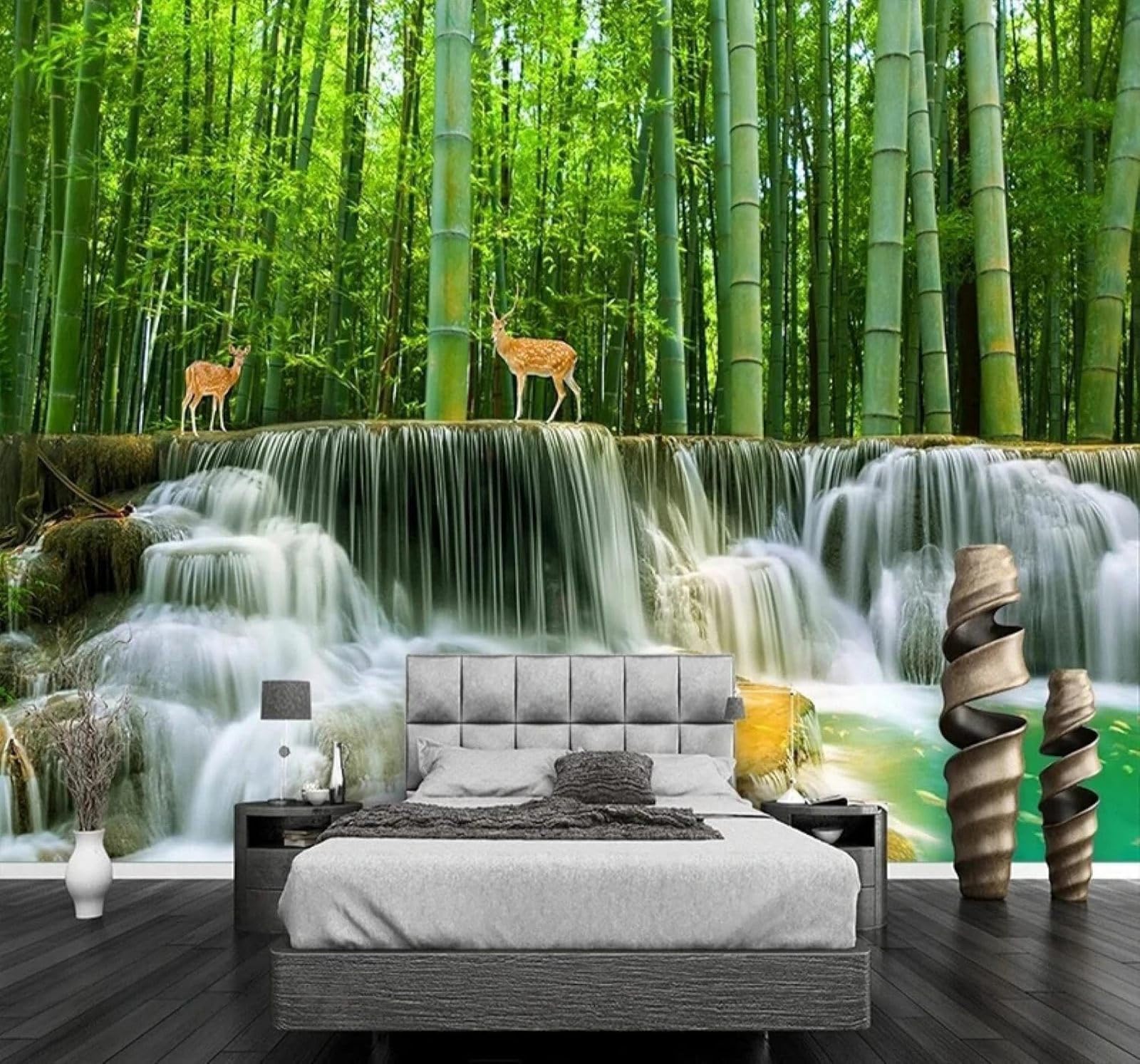 Xlming 430Cm×300Cm(B×H) Fresh Bamboo Grove Waterfall Elk Landscape 3D Wallpaper Luxury Home Dining Decor Paste Sofa Living Room The Wall For Bedroom Mural-430Cm×300Cm