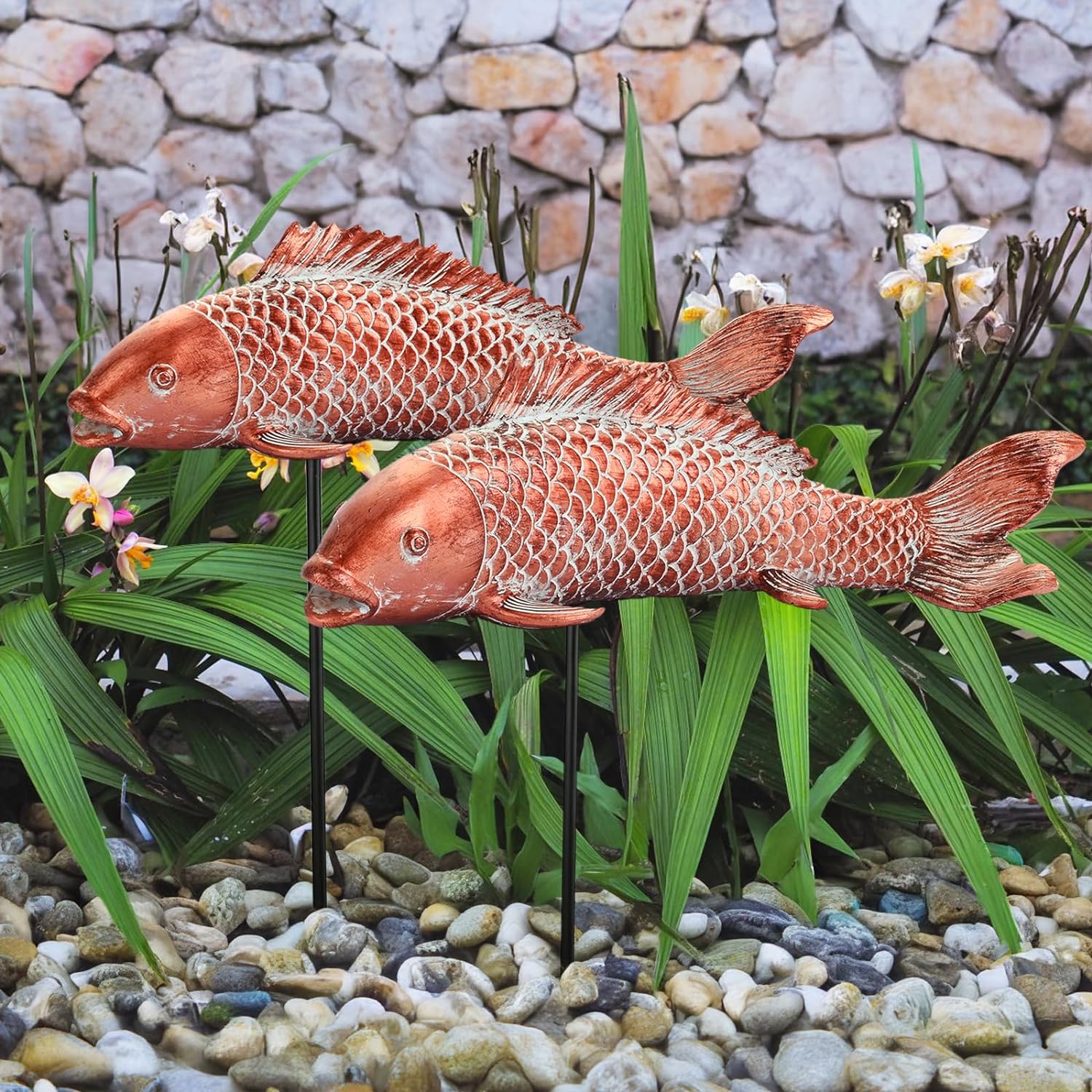 Garden Statues Decor Koi Fish décor Statue, 2pcs Ceramic