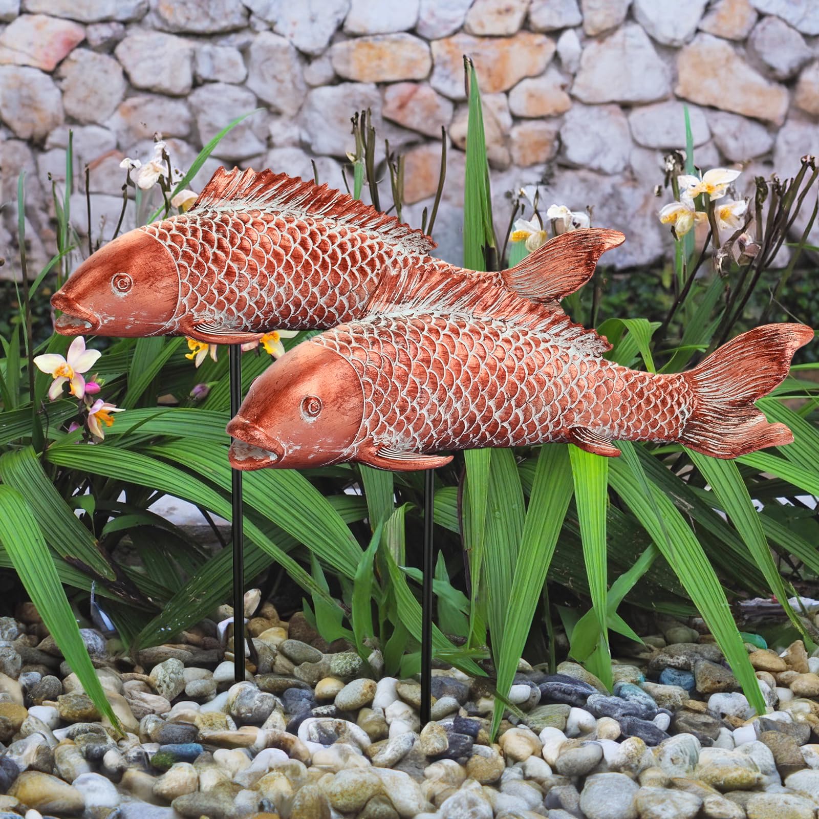 Garden Statues Koi Fish Decor Outdoor Garden Fish Statues, Set of 2 Antique Copper Koi Art Sculptures for Patio, Backyard, Pond and Home Decor, Best Gardening Gifts for Women Mom