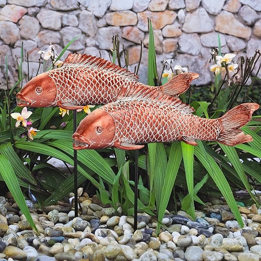 Garden Statues Koi Fish Decor Outdoor Garden Fish Statues, Set of 2 Antique Copper Koi Art Sculptures for Patio, Backyard, Pond and Home Decor, Best Gardening Gifts for Women Mom